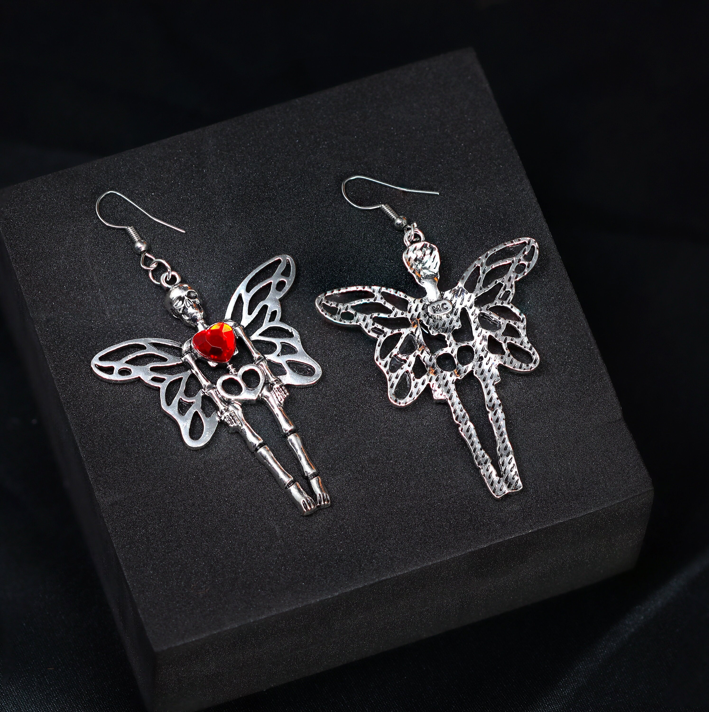 Red Heart Butterfly Skeleton Halloween Earrings - Long Rhinestone Dangle Earrings for Women, Gothic Spooky Statement Jewelry - Perfect for Halloween Parties, Costume Accessories & Gothic Fashion