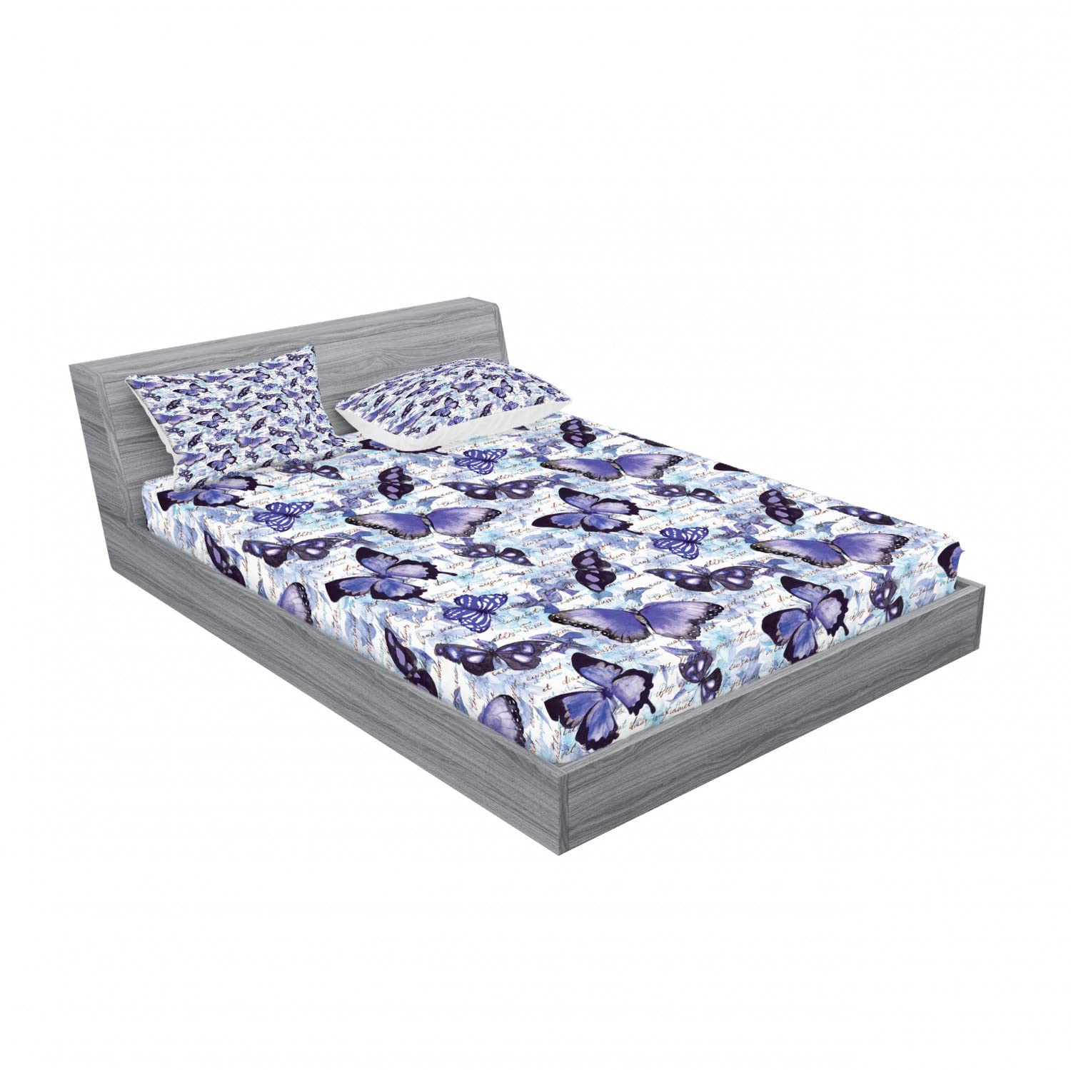 Ambesonne Romance 2-Piece Queen Size Bedding Set - Floral Butterfly Print Fitted Sheet & Pillow Sham (Pale Blue/Violet/Black) | Soft & Breathable 4-PC Bedroom Decor for Guest Rooms, Master Bedroom & Vacation Homes