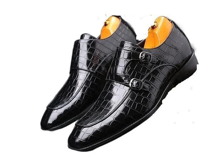 Men's Double Monk Strap Oxford Dress Shoes - Genuine Leather Pointed Toe Business Formal Shoes for Office & Wedding - Comfortable Slip-On Loafers for Professional & Casual Wear