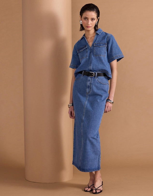 Alden Mid Blue Denim Crop Short Sleeve Shirt for Women - Casual Summer Tops for Outings, Beach & Street Style Fashion