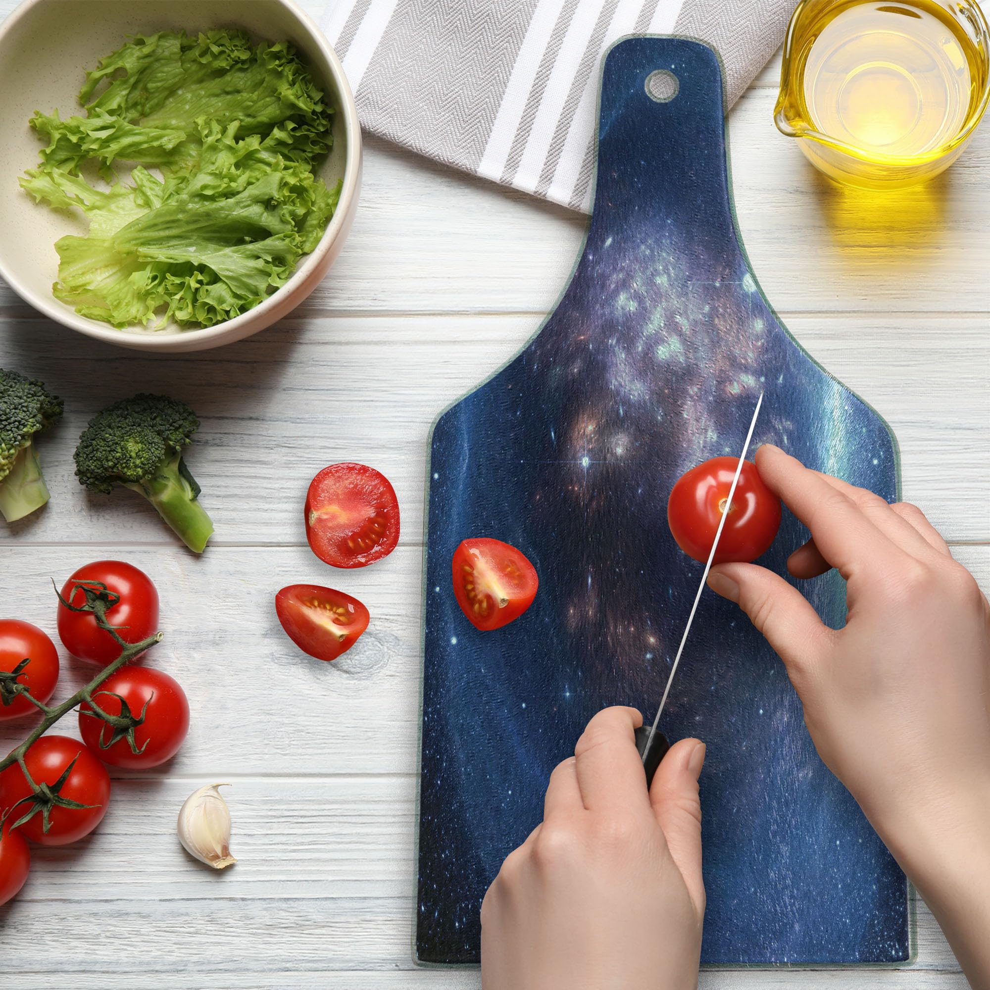 Ambesonne Outer Space Themed Tempered Glass Cutting Board - Wine Bottle Shape with Nebula, Gas Cloud & Star Clusters Astronomy Design - Navy Purple Decorative Serving Board for Kitchen, Party & Gift Giving