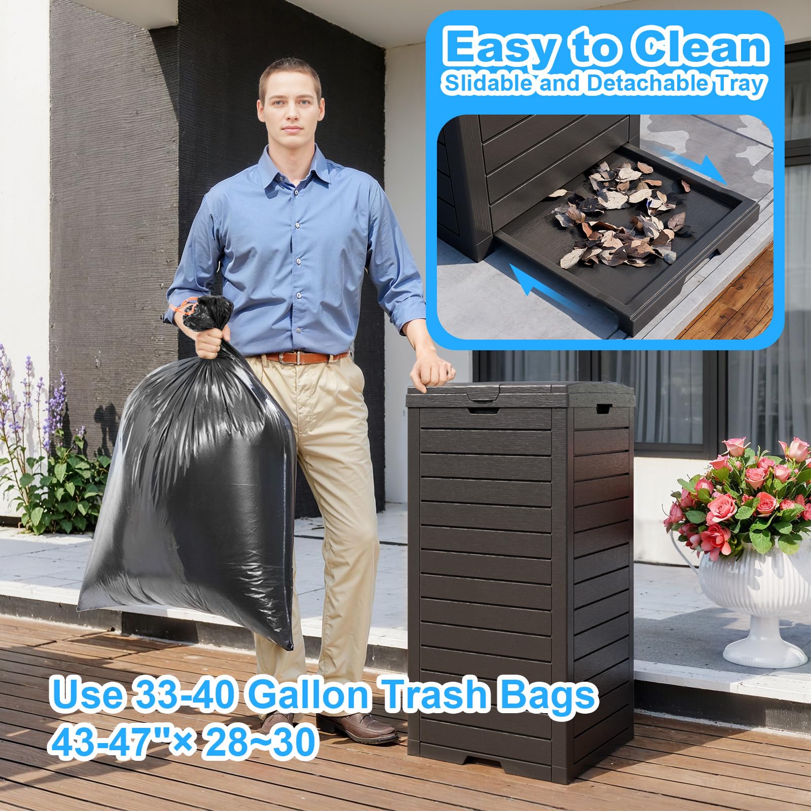 Outdoor Trash Can with Lid - 31 Gallon Waterproof Resin Garbage Bin with Dual Lid Closure & Pull-Out Liquid Drawer - Heavy Duty for Patio, Backyard, Deck, Garden, Camping & Outdoor Events (Black)
