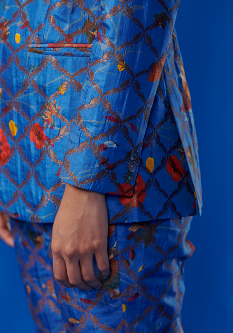 Elegant Rana Blazer in Silk Brocade - Cobalt Blue Women's Formal Jacket for Office Wear & Evening Events