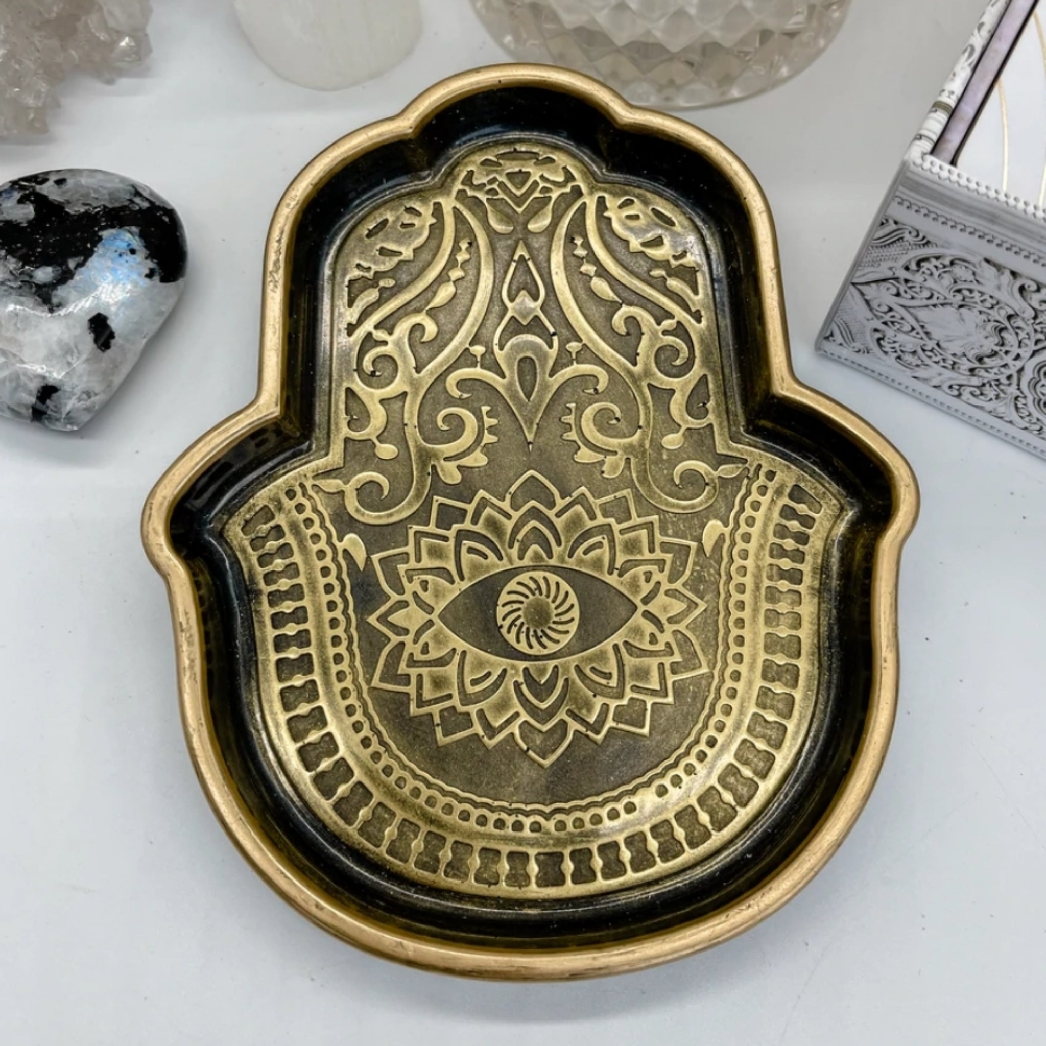 Hamsa Hand of Fatima Trinket Dish - Black Jewelry Tray for Rings, Necklaces & Small Accessories | Perfect for Home Decor, Meditation & Gift Giving