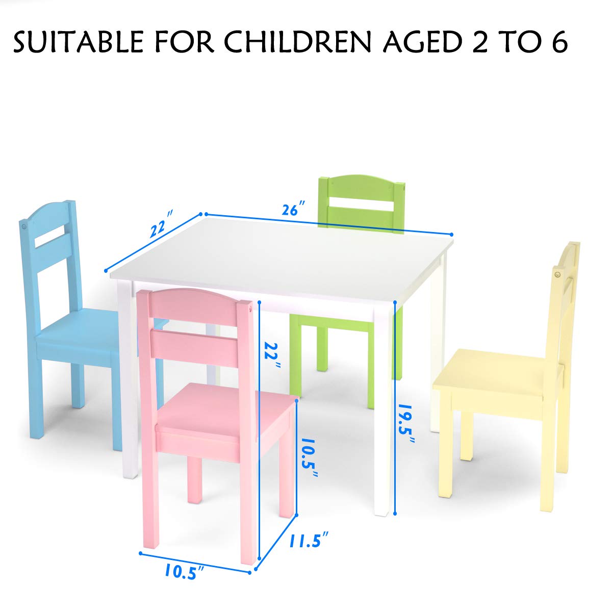 **White & Pastel Solid Wood Kids Table and Chair Set - 5-Piece Toddler Activity Table for Playroom, Dining & Picnic (Ages 2-6) - Perfect for Crafts, Snacks & Pretend Play**