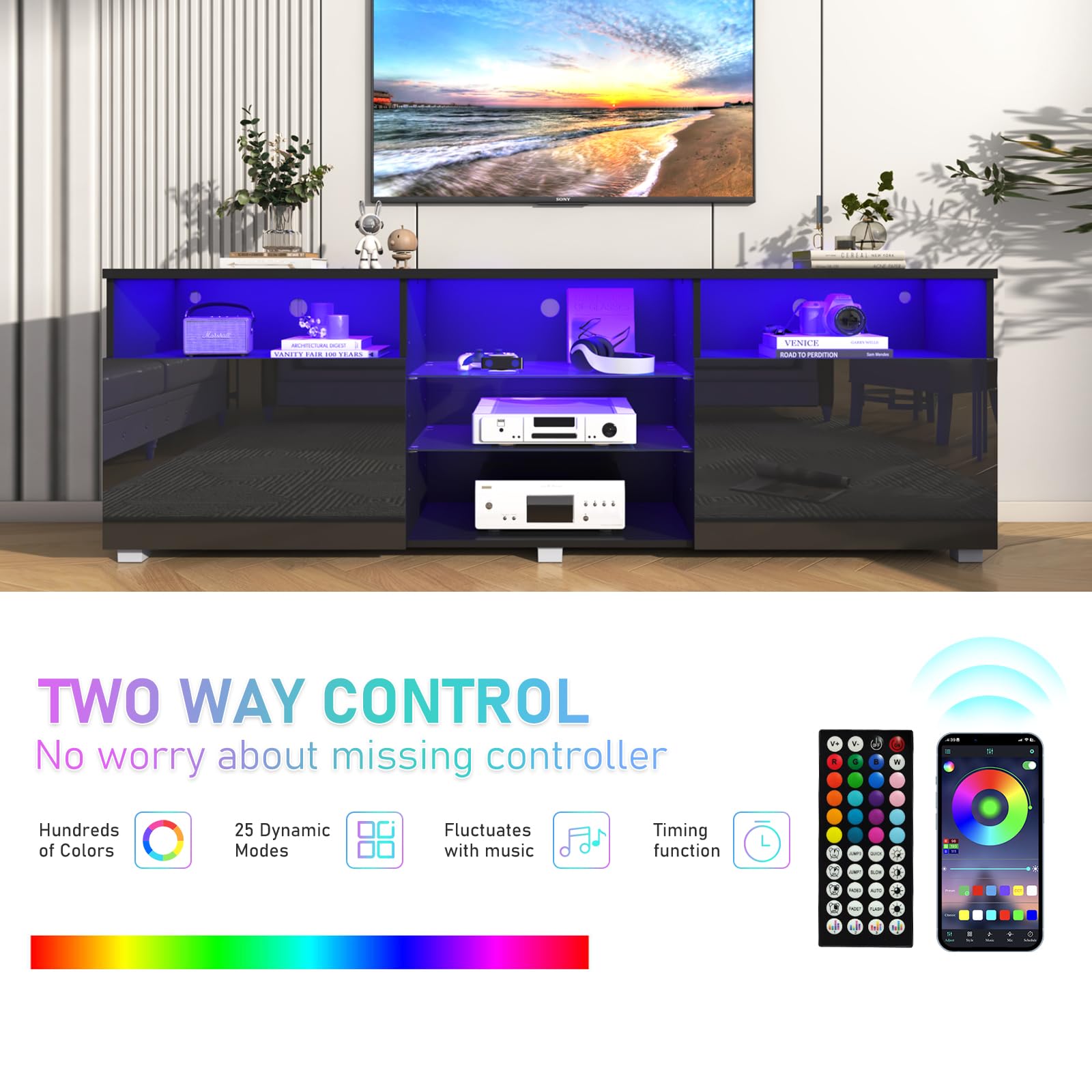 Vinctik 70 inch Modern LED TV Stand for 75/80 inch TVs - High Glossy Entertainment Center with Storage Drawers, APP-Controlled RGB Lighting - Smart TV Cabinet for Living Room (71in Black) - Perfect for Home Theater & Gaming Setup