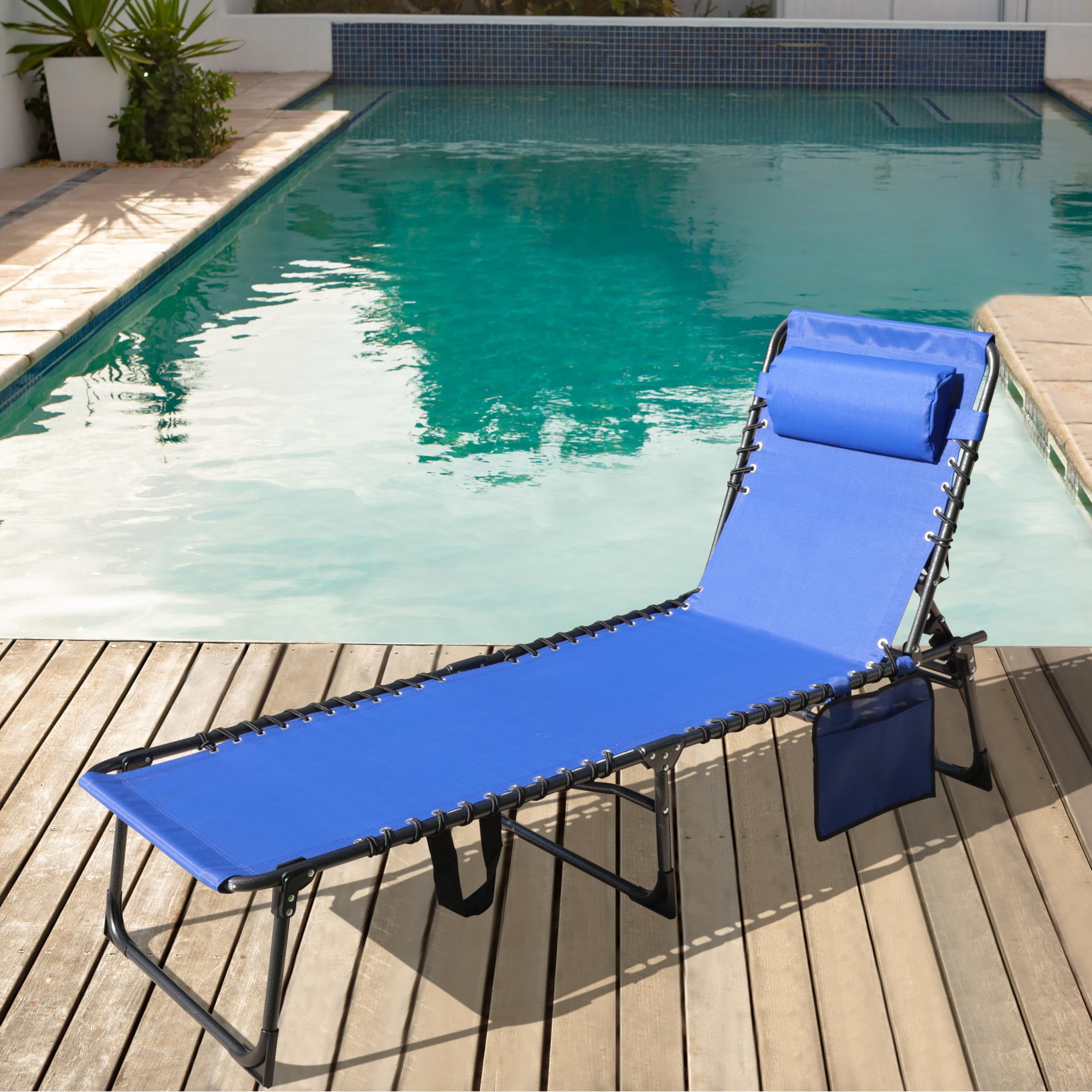 VEIKOU 5-Position Adjustable Chaise Lounge Chair - Upgraded Folding Outdoor Sun Lounger for Patio, Poolside, Beach & Backyard - Perfect for Sunbathing, Relaxing & Outdoor Lounging - Blue Reclining Chair
