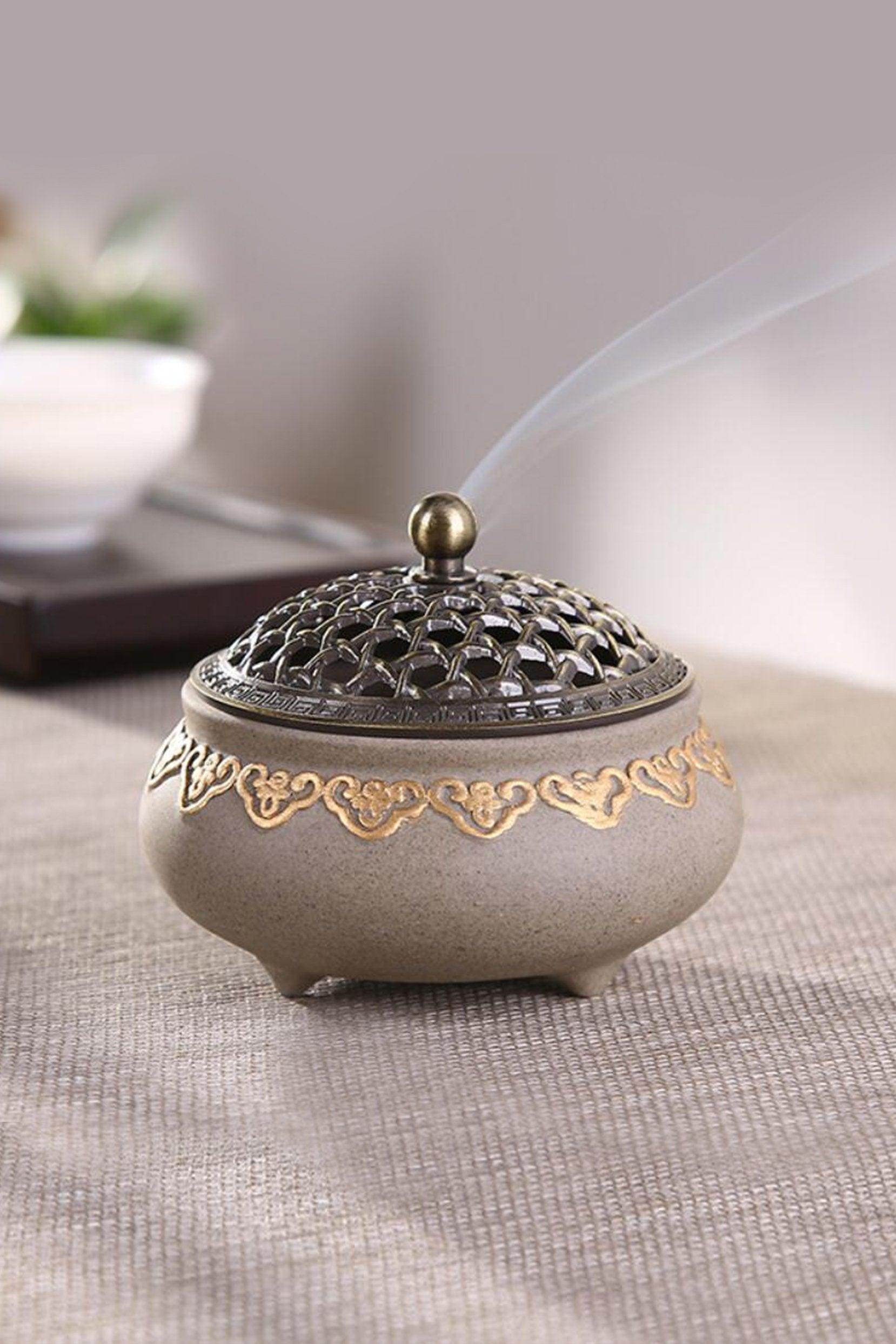 Premium Oriental Ceramic Incense Burner with Ash Catcher - Handcrafted Zen Meditation Bowl for Aromatherapy, Yoga & Home Decor (Set of 1) - Perfect for Relaxation, Spiritual Rituals & Feng Shui Spaces