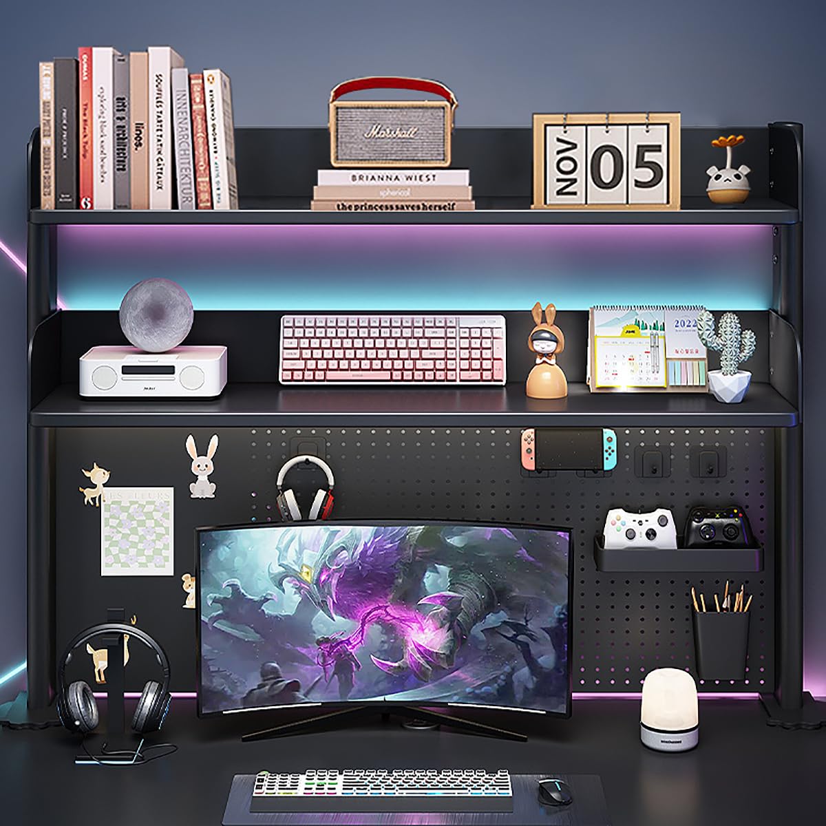 Black Clamp-On Desk Organizer Shelf with Pegboard - 31.5x37.5in Space-Saving Tabletop Storage for Home Office, Dorm & Gaming Desk - Perfect for Organizing Books, Supplies & Displaying Collectibles