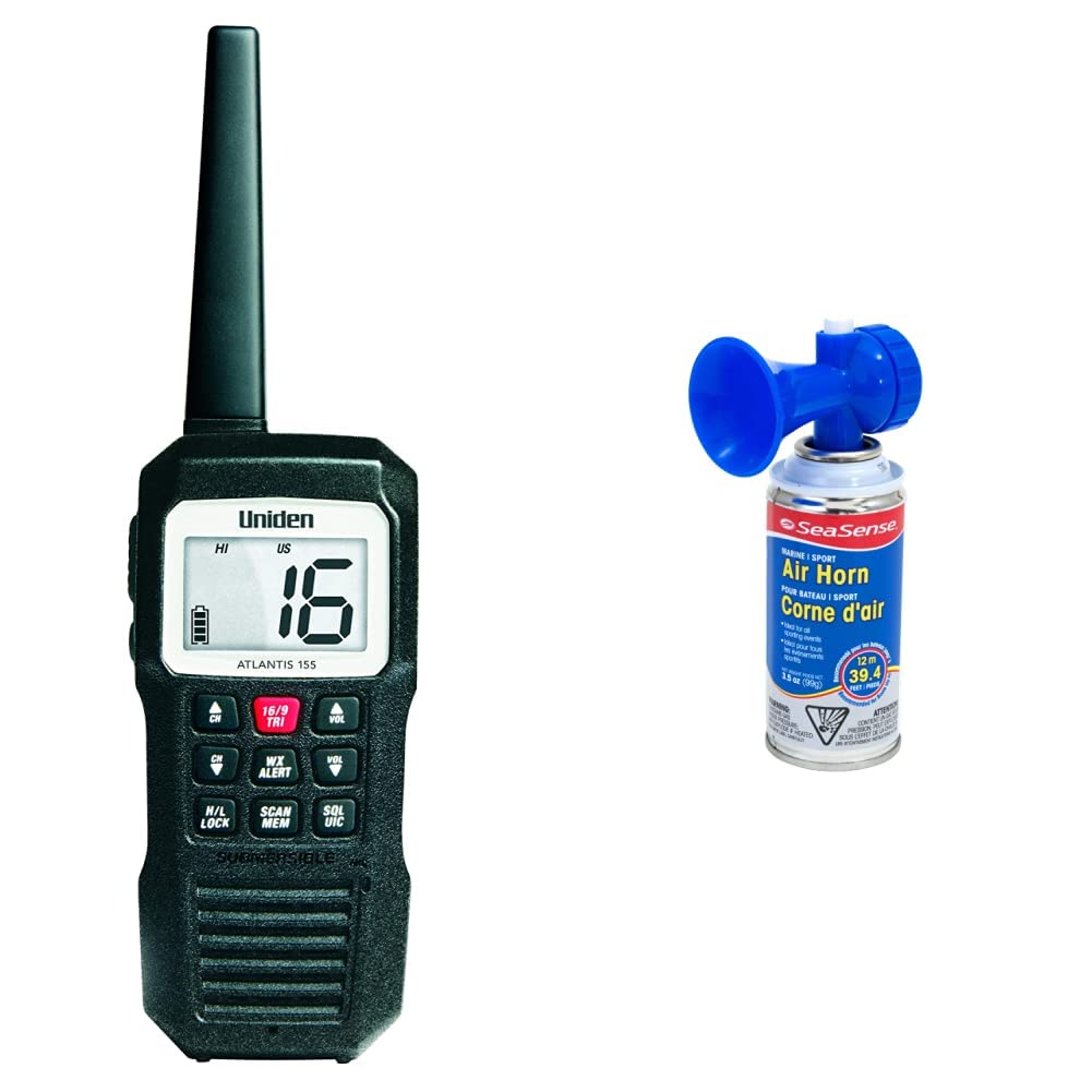 Uniden Atlantis 155 Waterproof Handheld VHF Marine Radio with NOAA Weather Alerts | SeaSense Large Air Horn for Boats | Emergency Communication & Safety Gear for Sailing, Fishing & Water Sports