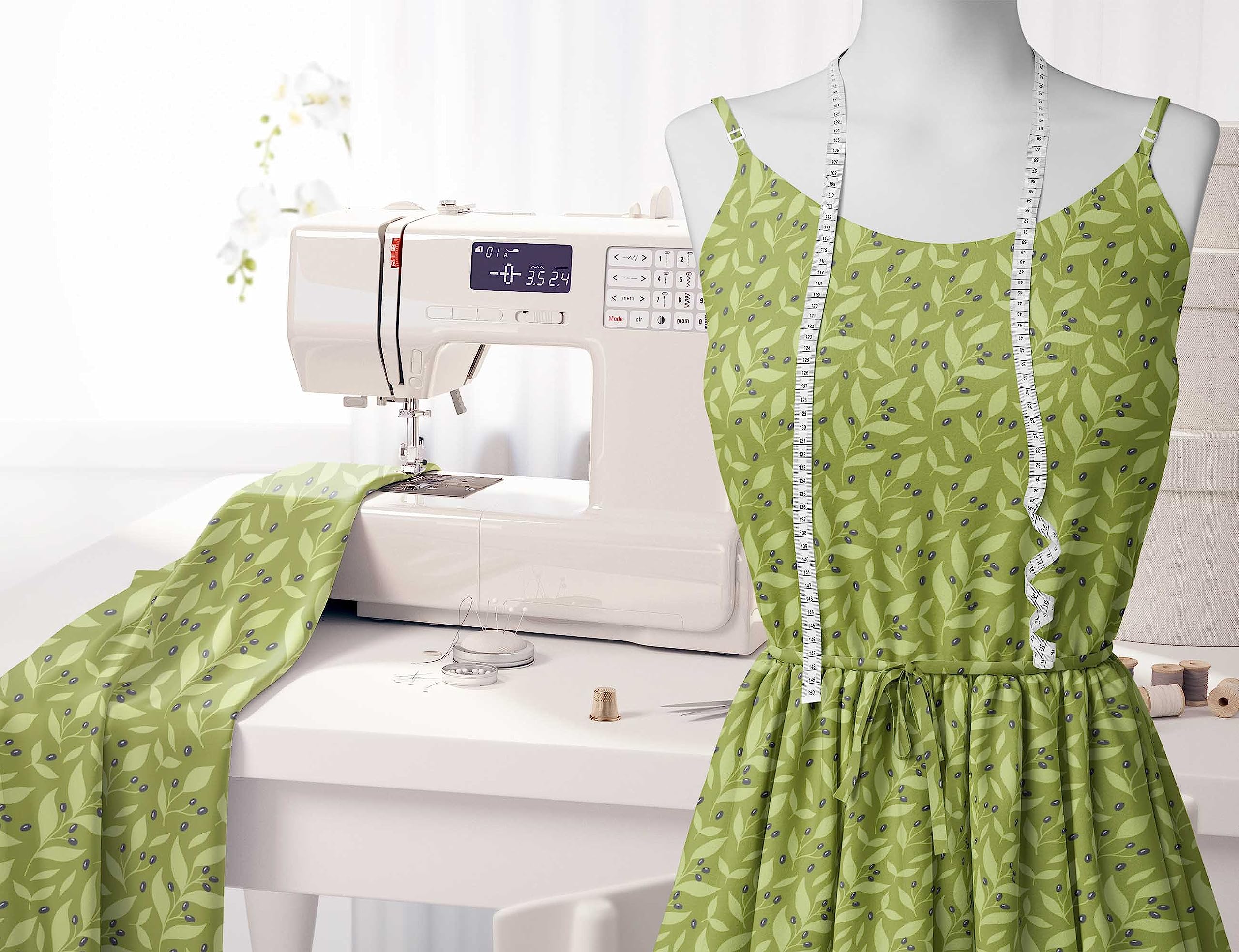 Soimoi Moss Georgette Green Fabric by The Yard - 42 Inch Wide Printed Fabric with Black Berries & Leaves Design - Bold Striking Patterns for Dresses, Scarves, Curtains & Home Decor
