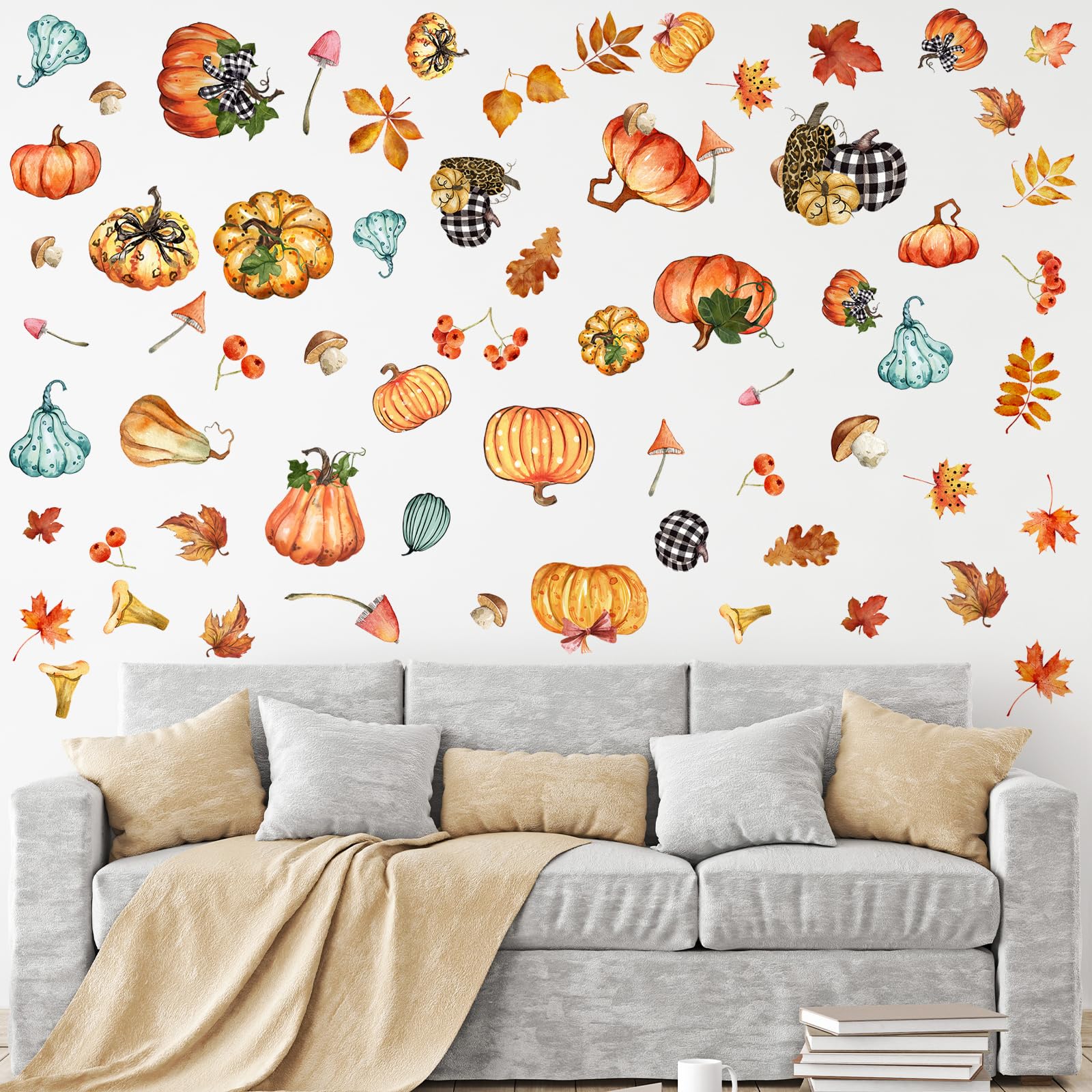 6 Sheets Thanksgiving Fall Wall Stickers - Autumn Leaves & Pumpkin Decor for Home, Office, Classroom - Removable Wall Decals for Kids, Parties & Seasonal Decorations - Perfect for Thanksgiving, Halloween & Fall Festivities