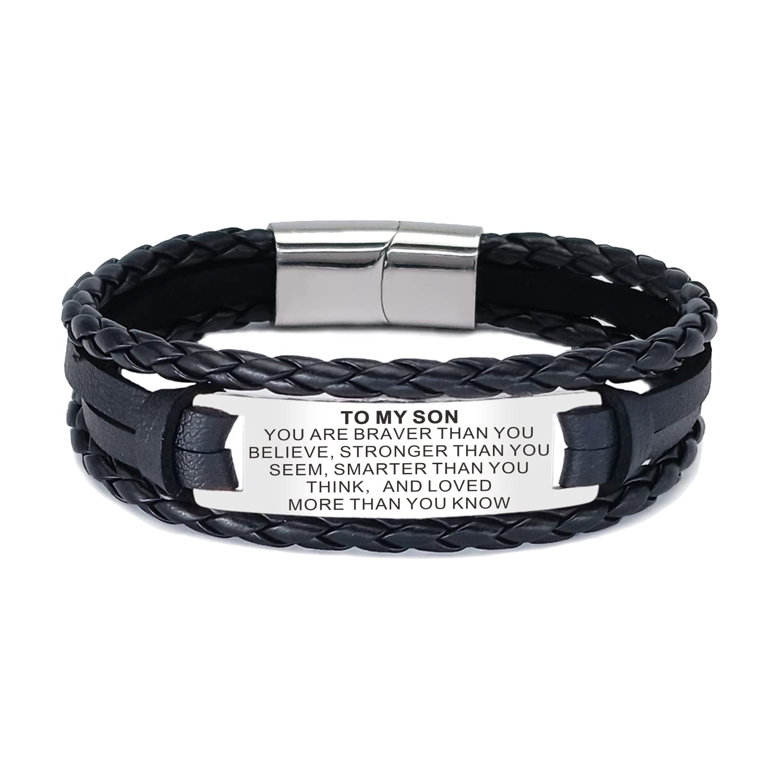 TAGOMEI Men's Black Leather Cross Bracelet with American Flag - Christian Gift for Son, Teens