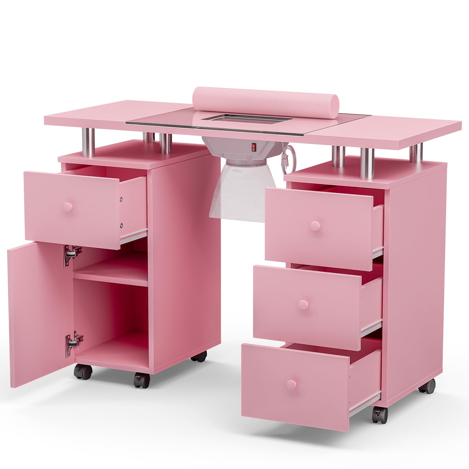 Professional Nail Tech Desk with Glass Top & Built-in Dust Collector - Manicure Table with 3 Dust Bags, Wrist Rest & Storage Drawers - Pink Beauty Salon Workstation for Nail Art, Gel Polish & Pedicure Services