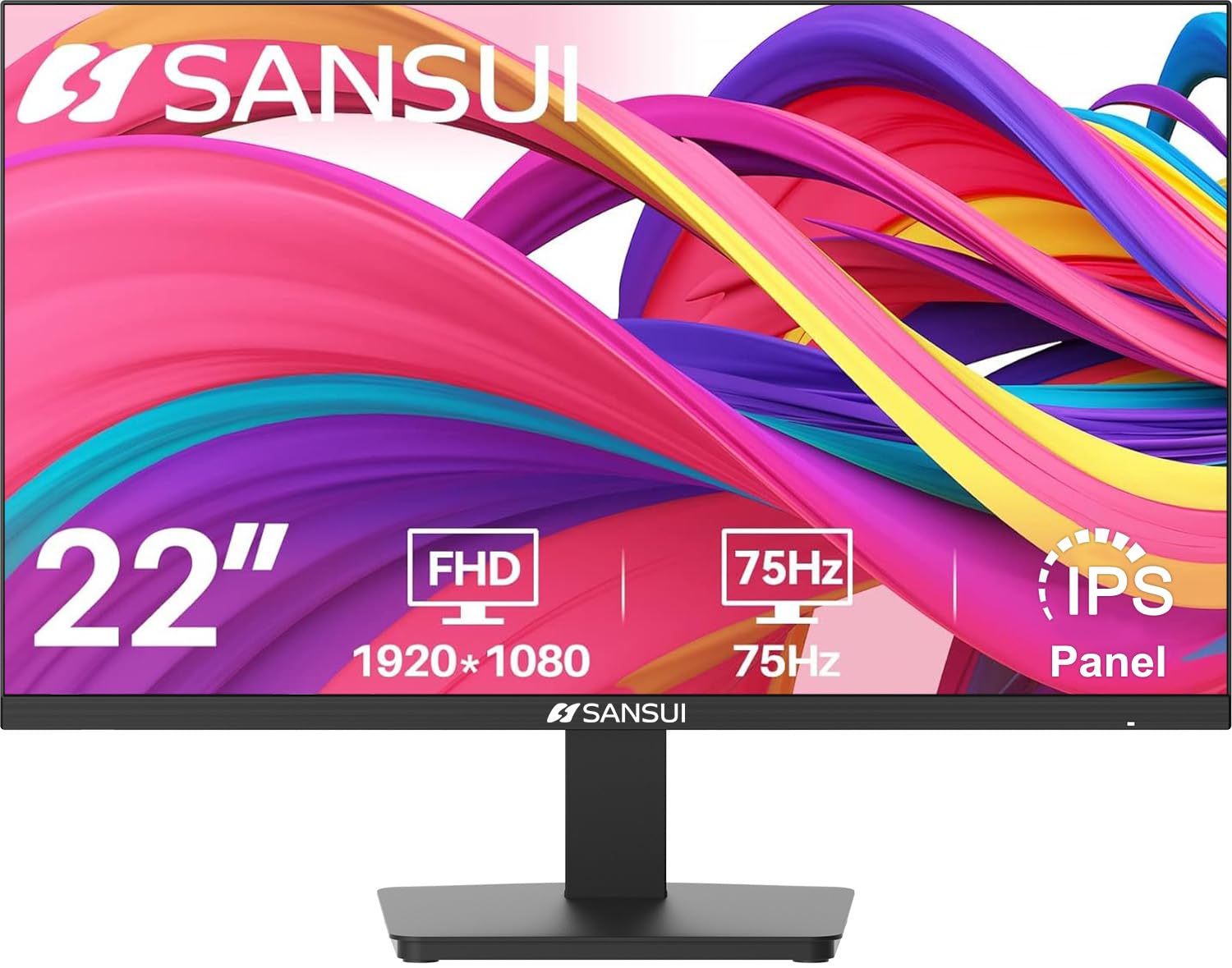 22 Inch SANSUI 1080p FHD 75Hz Computer Monitor with HDMI & VGA Ports | Ultra-Slim Bezel, Ergonomic Tilt, Eye Care LED Display | for Home Office, Gaming & Work (Includes HDMI Cable) - ES-22F1