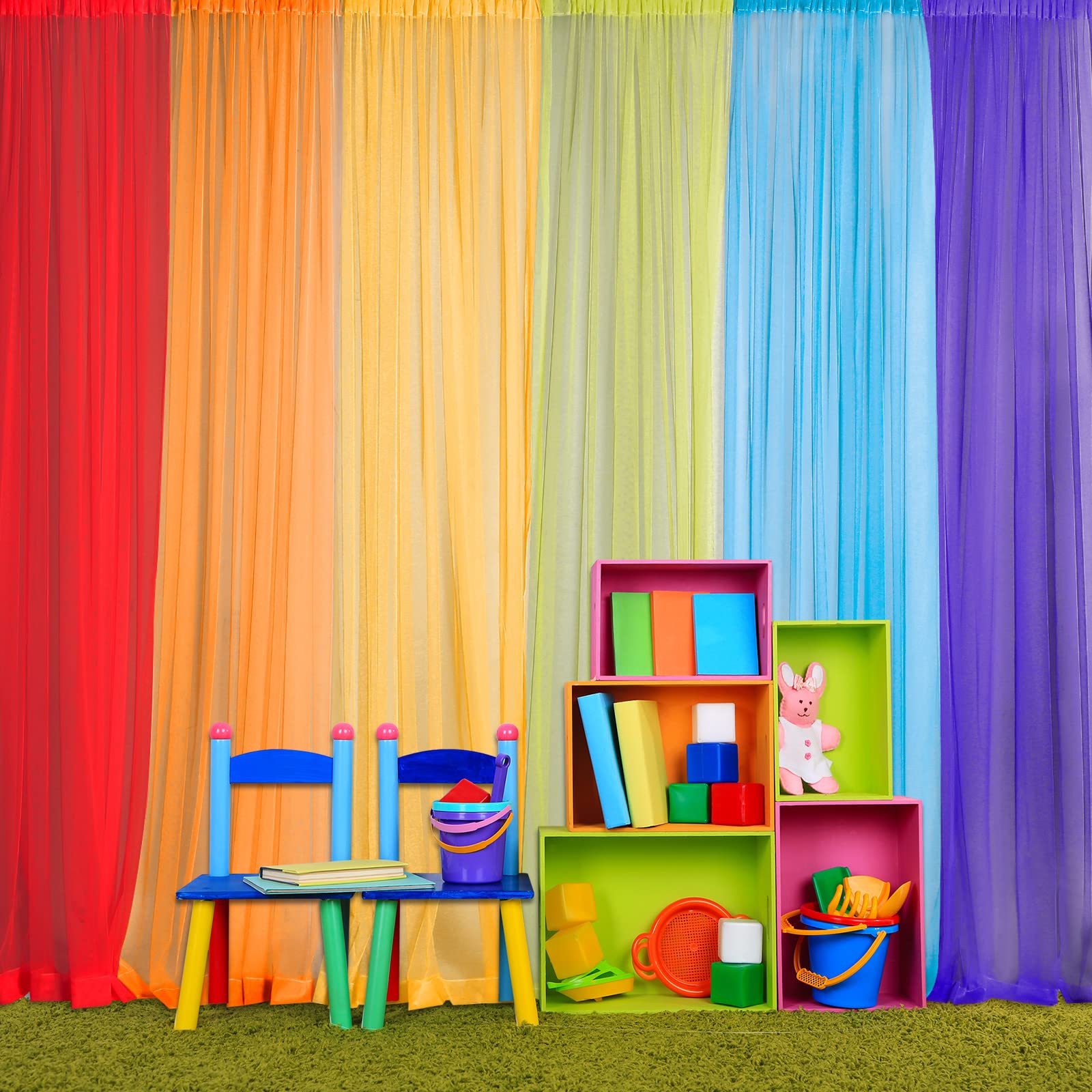 Rainbow Tulle Backdrop Curtain - 6 Color Sheer Panel Drapes for Kids Party, Baby Shower, Autistic Pride Day, Window & Classroom Decor (30ft Wide, Mix Colors) - Perfect for Birthday Celebrations, Photo Booths & Nursery Room Decorations