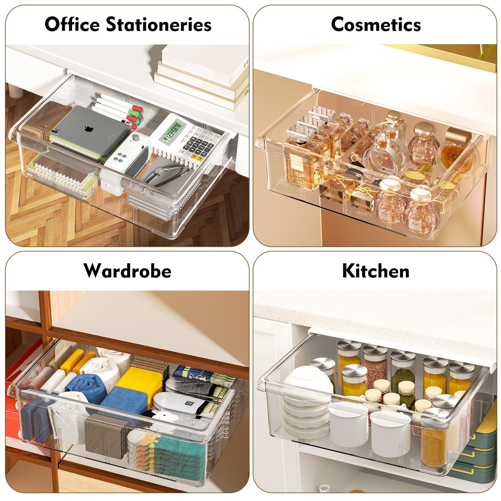 3 Pack Clear Plastic Under Desk Drawer Organizer - Slide Out Hidden Storage for Office, School & Home - Self-Adhesive Desktop Organizer with Pen Holder (3 Sizes) - Perfect for Small Space Organization & Clutter-Free Workspaces