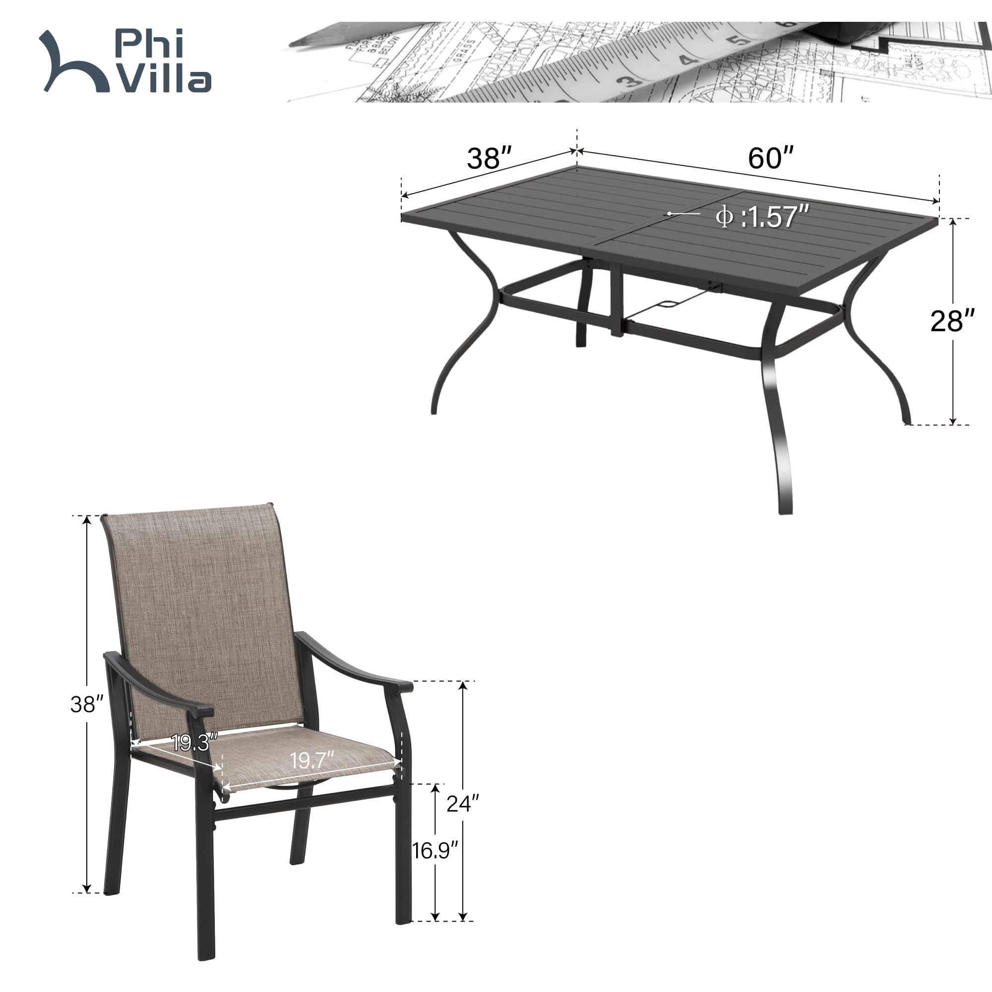 PHI VILLA 6-Piece Outdoor Dining Set - Textilene Fabric Chairs & Metal Table with Umbrella Hole - Weather-Resistant Patio Furniture for Backyard, Garden, Poolside & Outdoor Entertaining