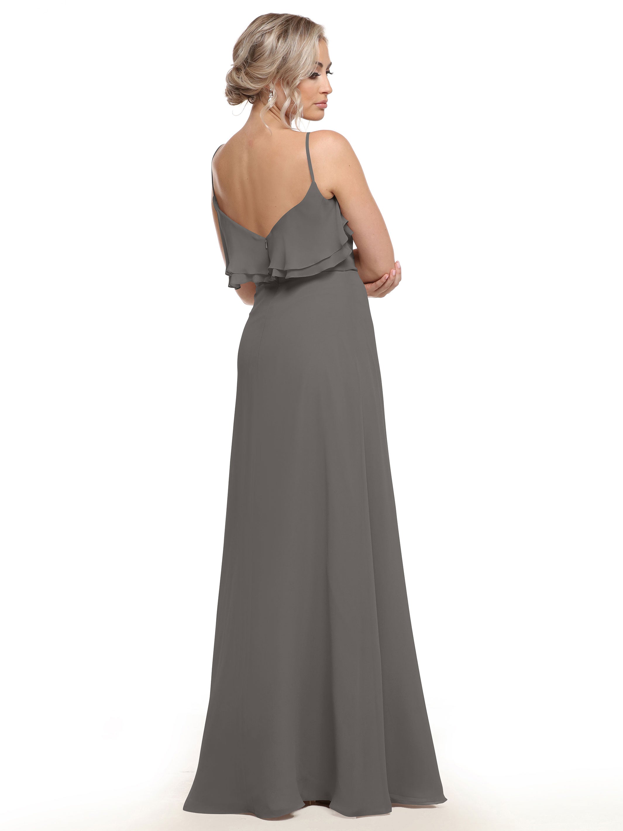 Elegant 80146 Sheath Chiffon Bridesmaid Dress with Ruffled Neckline - Perfect for Weddings, Formal Events & Special Occasions