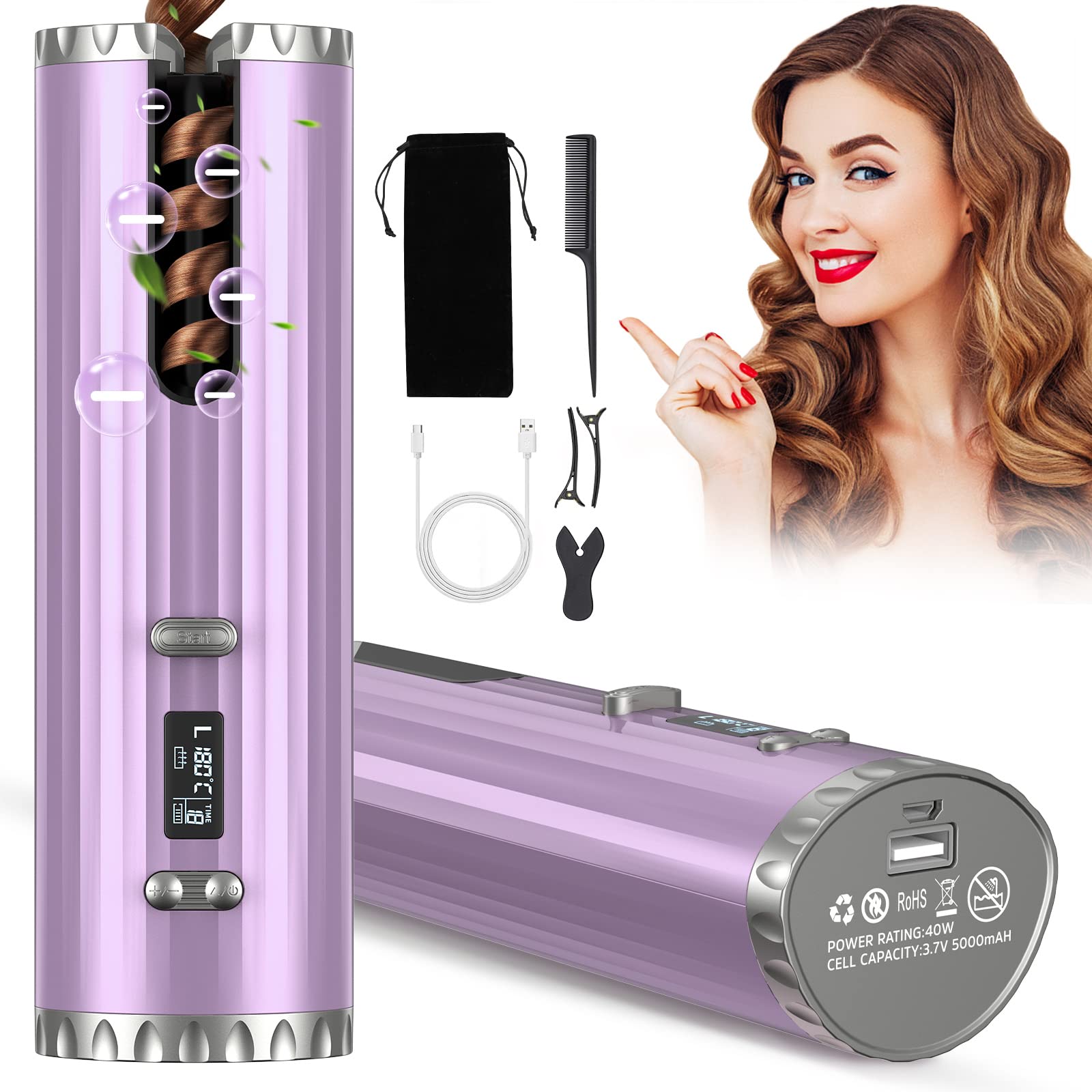 Cordless Curling Iron - Automatic Hair Curler with LCD Temperature Display & Timer, 6 Adjustable Heat Settings, Fast Heating Ceramic Barrel, USB Rechargeable for Wavy Curls | Perfect for Travel, Home Use & Salon Styling