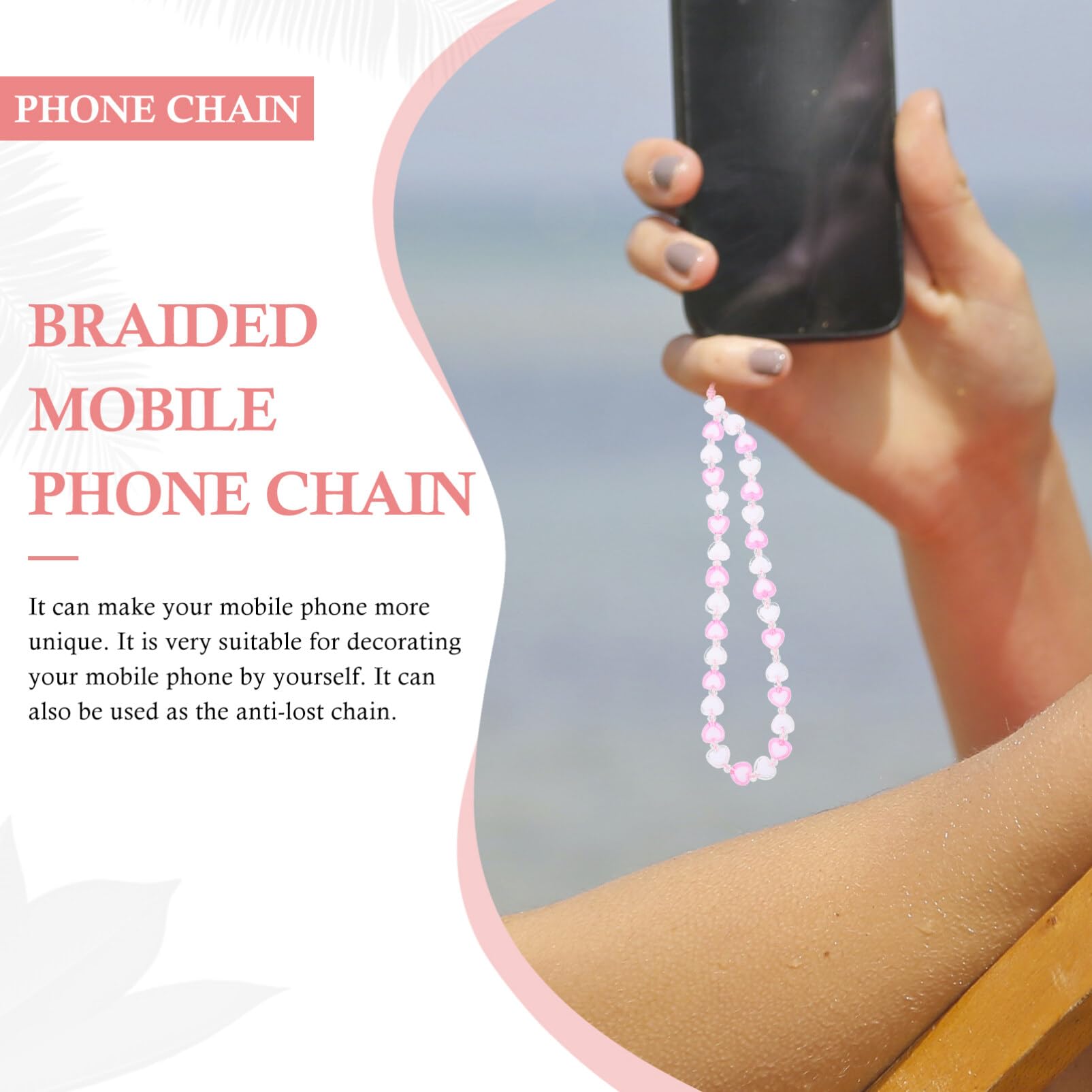 2Pcs Beaded Phone Lanyard with Heart Charm - Anti-Lost Phone Strap for Women & Girls (Pink) - Perfect for Work, Travel, and Everyday Use