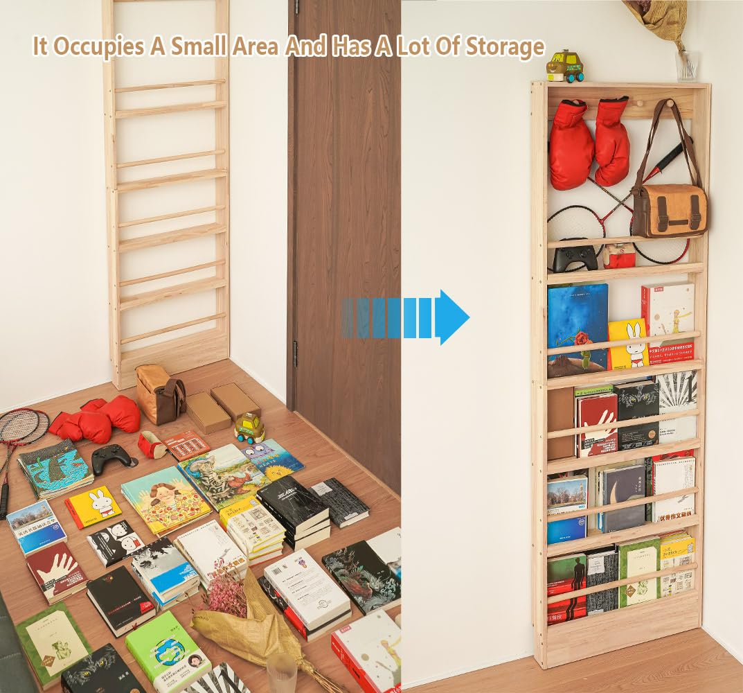 Wooden Kids Bookshelf with Wall Mount & Hooks - Space Saving Books and Toys Organizer for Nursery, Playroom & Bedroom - Perfect for Storybooks, Stuffed Animals & Room Decor