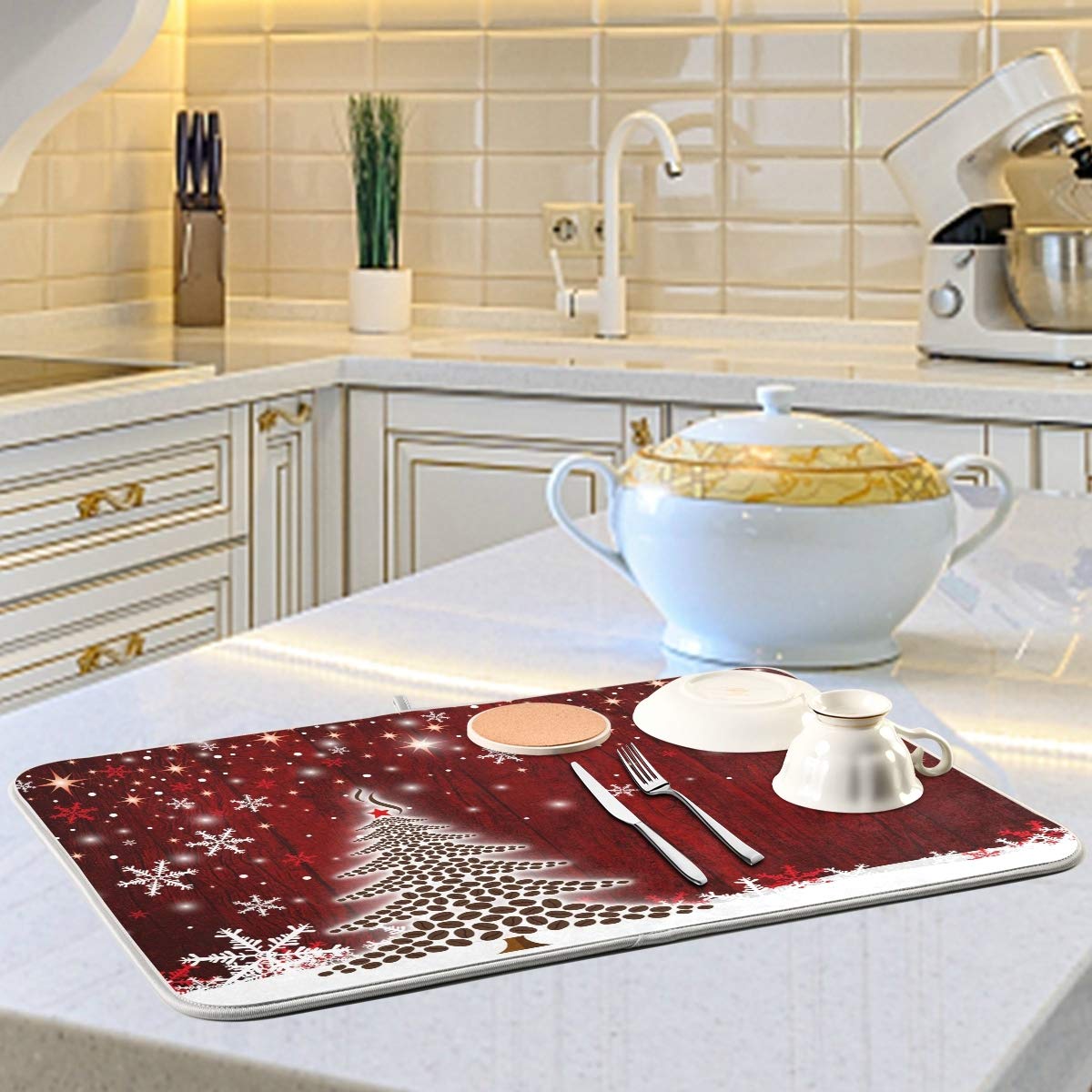 Christmas Tree Dish Drying Mat - Absorbent Microfiber Kitchen Pad (16x18