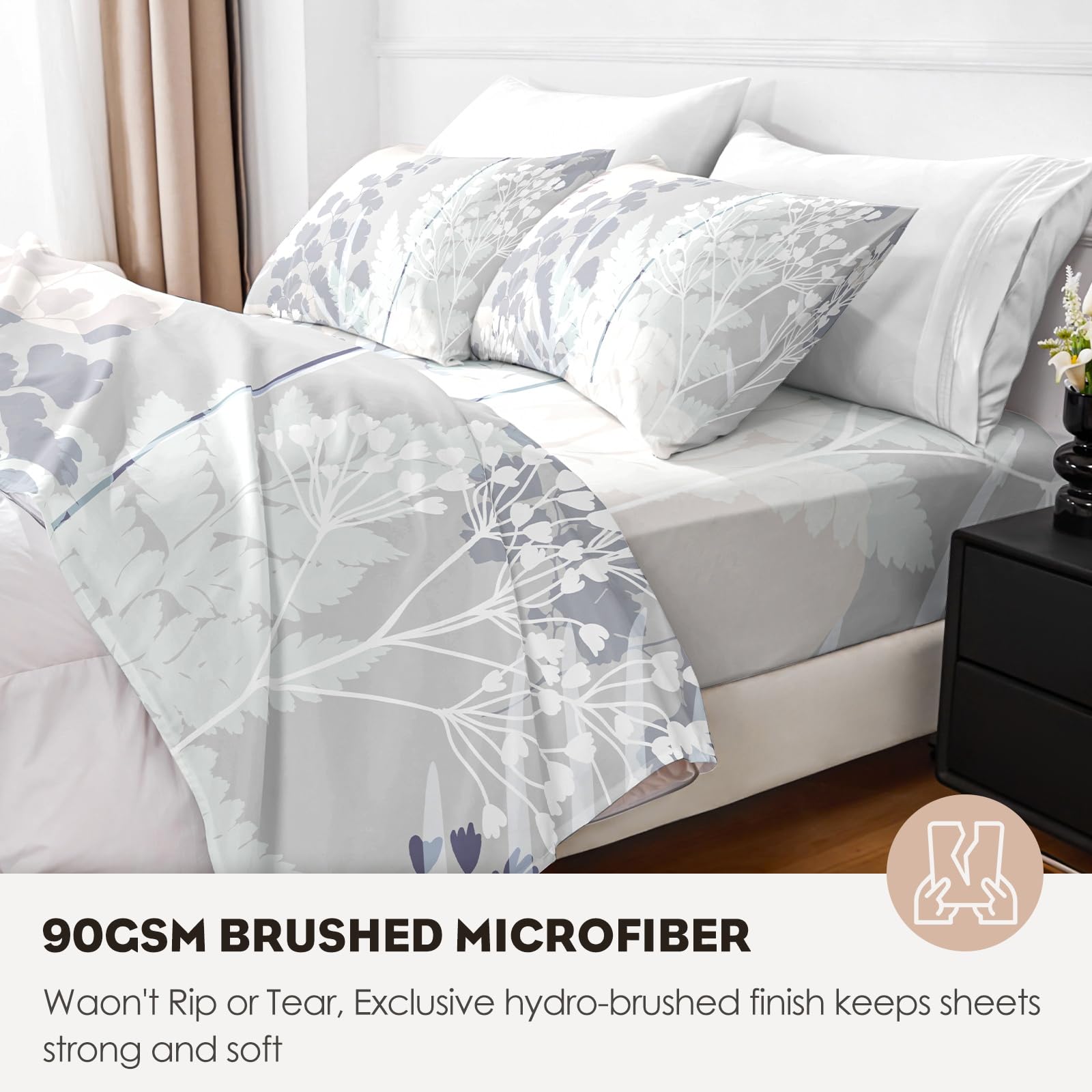 King Size Bed Sheets Set - Luxury 90GSM Brushed Microfiber Floral Print Sheets - Ultra Soft, Cooling & Breathable for All Seasons - 16