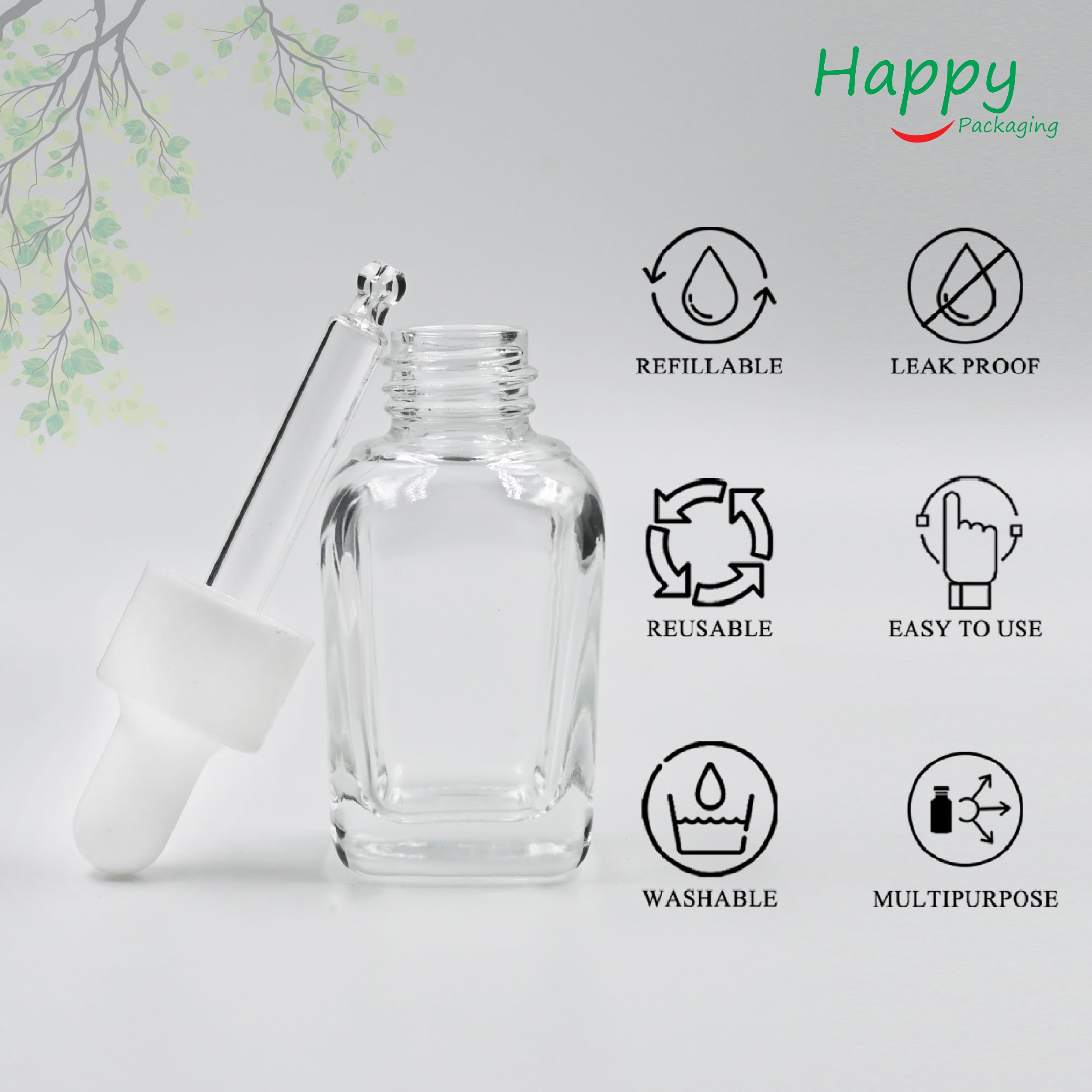20ML Clear Square Empty Glass Bottle with Dropper & White Silicone Teat - Refillable, Leak Proof Essential Oil Container for DIY Perfumes, Serums & Aromatherapy - Perfect for Home Spa, Travel & Gift Packaging (Pack of 3)