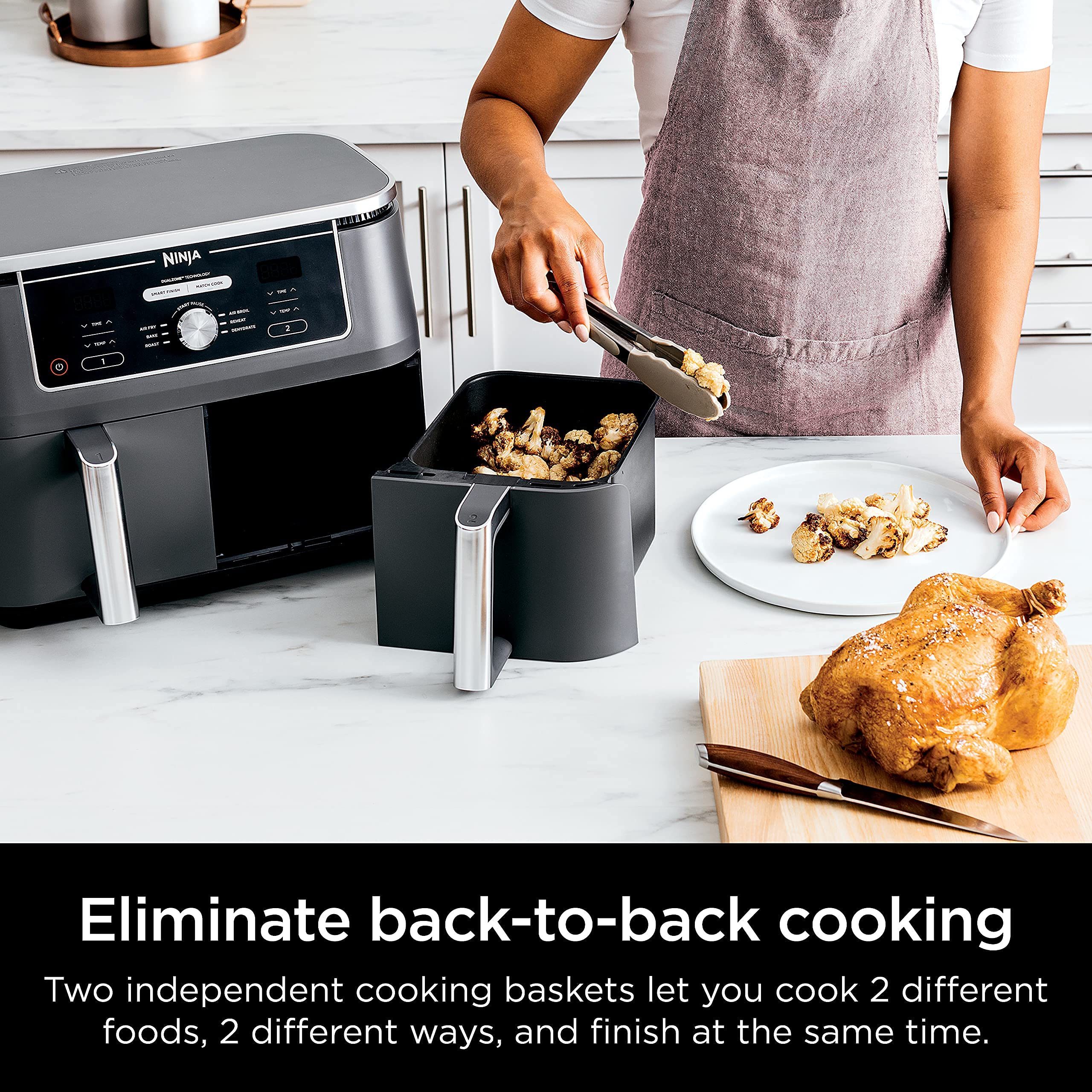 Ninja DZ401 Foodi 10 Quart 6-in-1 DualZone XL 2-Basket Air Fryer with Independent Frying Baskets - Roast, Broil, Dehydrate - Quick & Easy Cooking - Perfect for Family Dinners, Parties & Meal Prep - Grey (Renewed)