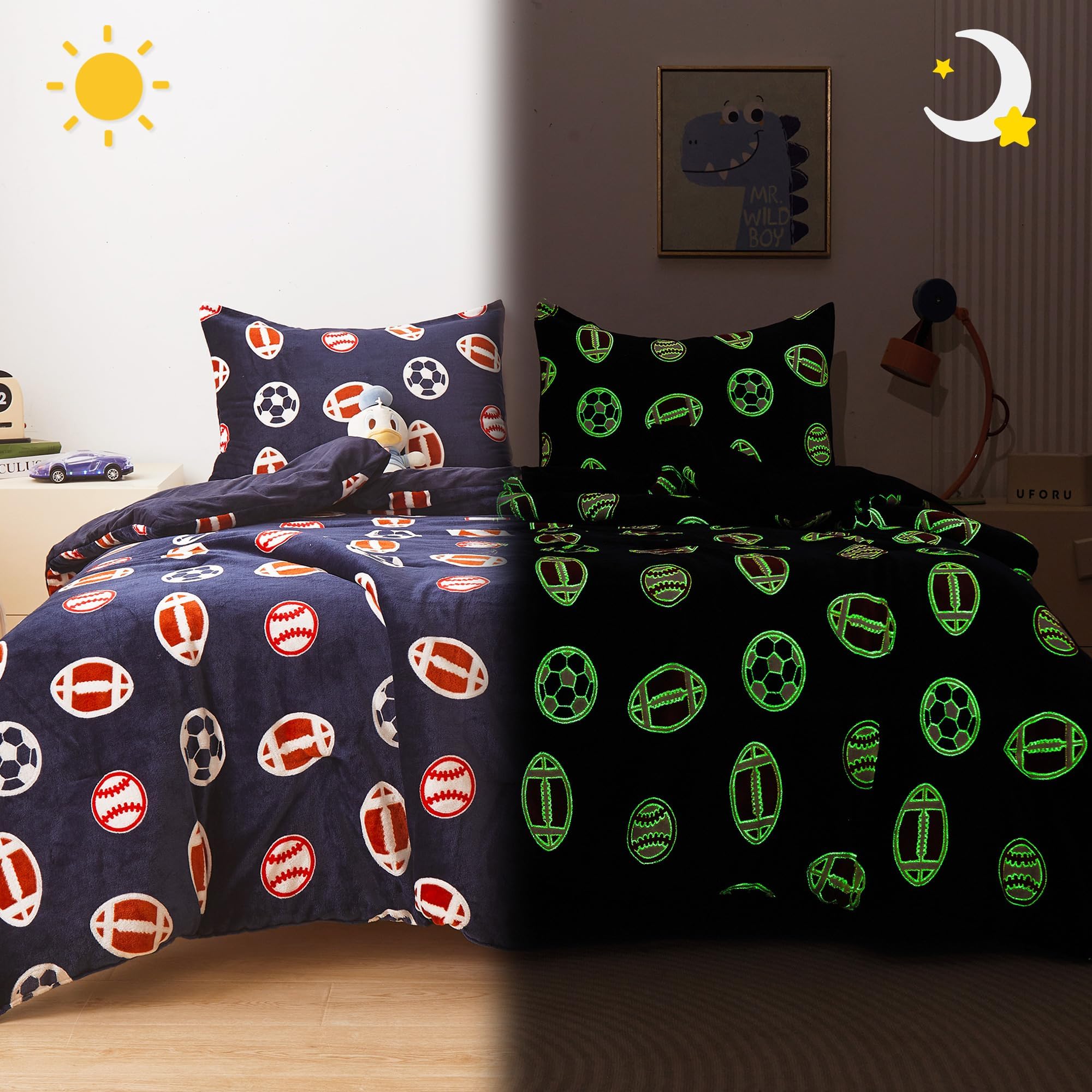 Mooreeke Glow in The Dark Twin Plush Fleece Comforter Set - Soft & Warm 2-Piece Bed in a Bag with Sham | Velour Velvet Sports Theme (Football, Basketball, Soccer, Rugby) for Boys & Kids | Fluffy Fuzzy Polar Cozy Bedding | Perfect for Kids' Rooms, Sleepovers & Themed Bedrooms