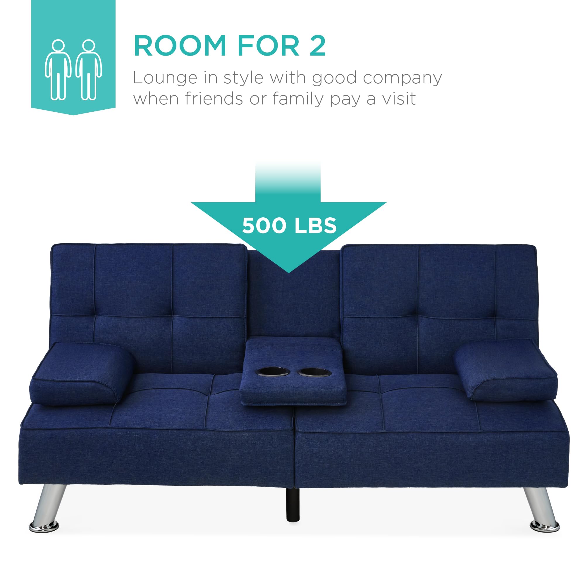 Best Choice Products Modern Folding Futon Sofa Bed - Convertible Recliner with Removable Armrests & 2 Cup Holders - Dark Blue Linen Fabric - Perfect for Small Apartments, Dorm Rooms & Guest Rooms