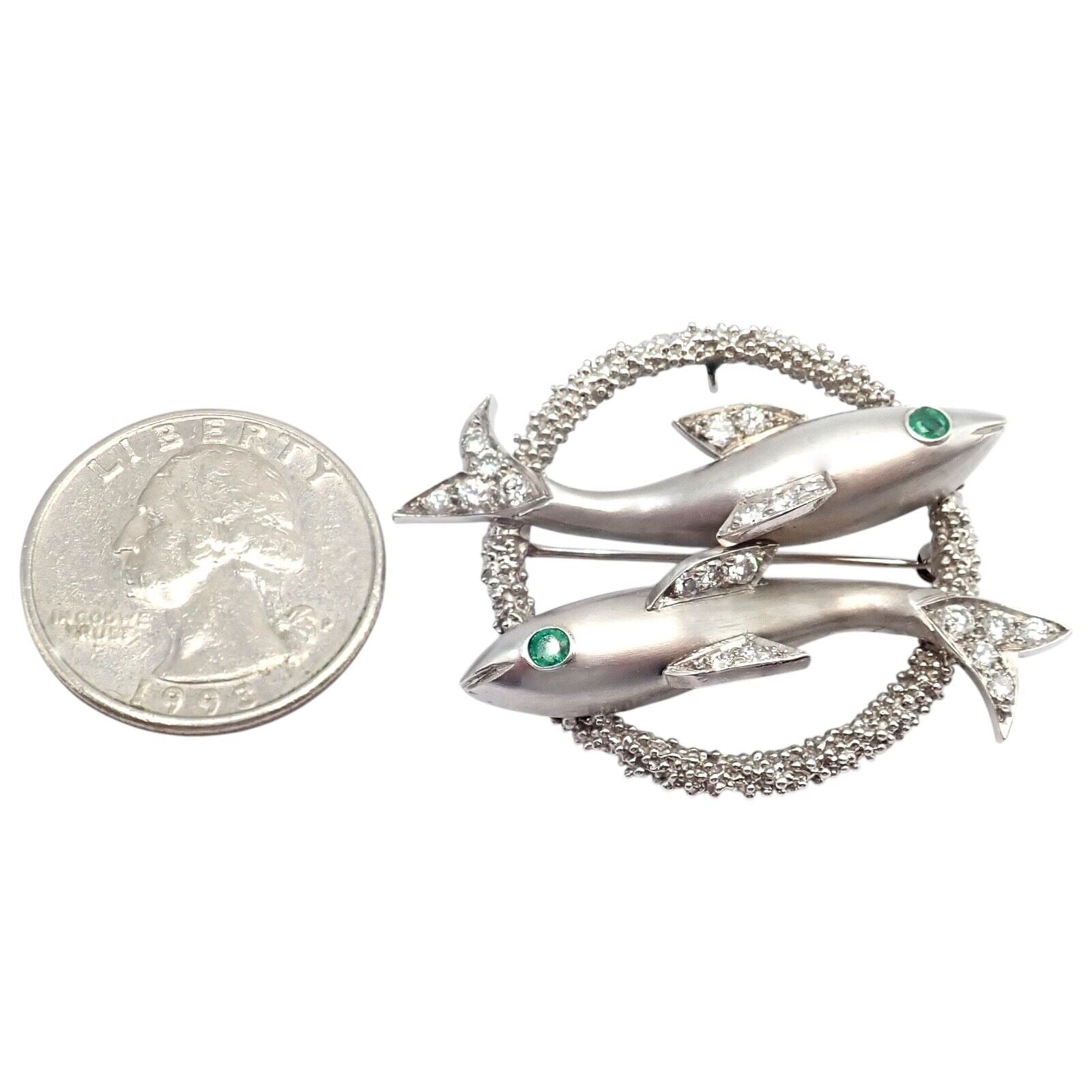 Cartier 18k White Gold & Platinum Diamond Emerald Zodiac Pisces Fish Brooch Pin - Luxury Jewelry Gift for Women, Perfect for Special Occasions & Collectors