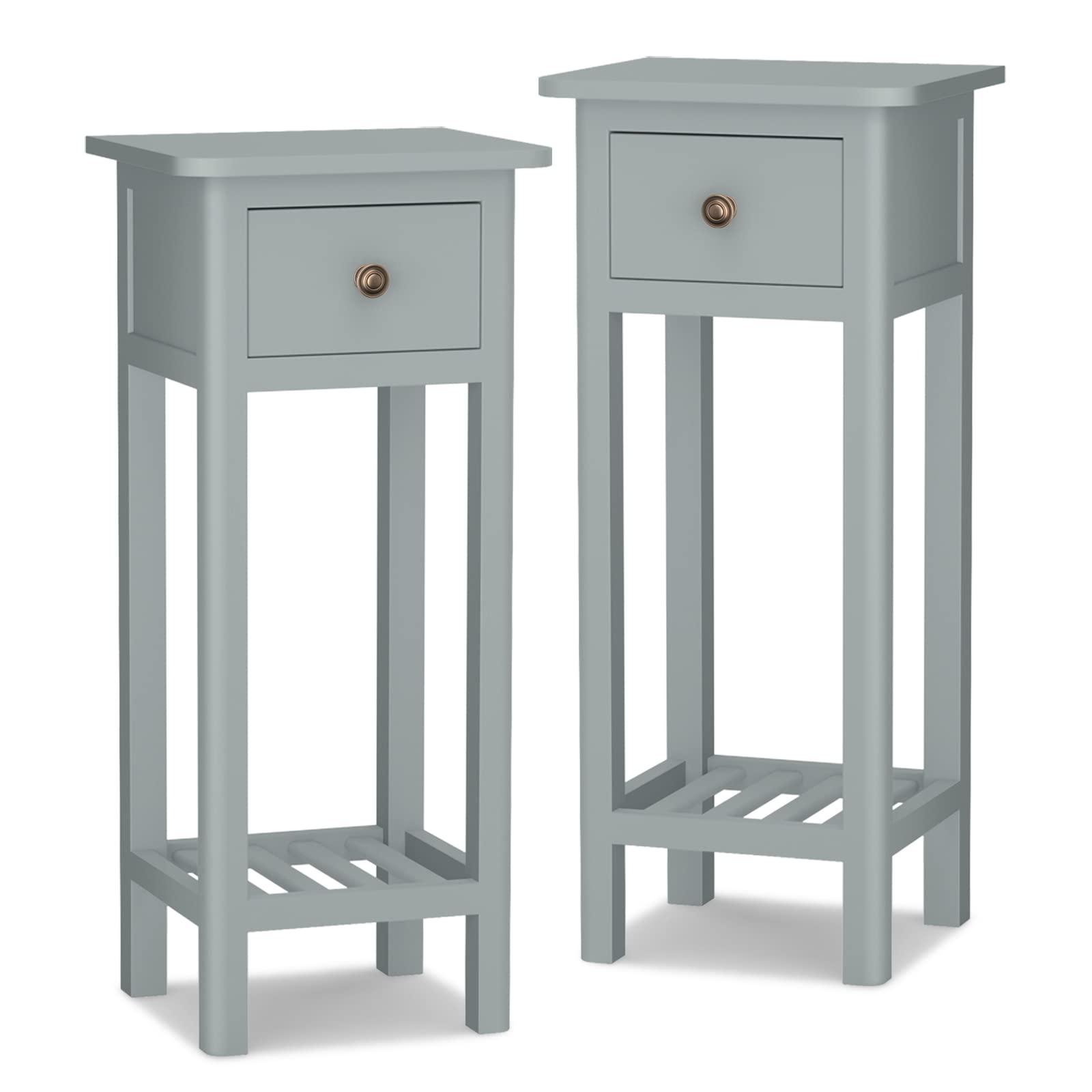 Tangkula Narrow Side Table - Small End Table for Small Spaces, Farmhouse Acacia Wood Slim Nightstand with Drawer & Open Shelf (14 x 12 x 31.5 Inches) - No Assembly Required - Perfect for Bedroom, Living Room & Apartment Decor