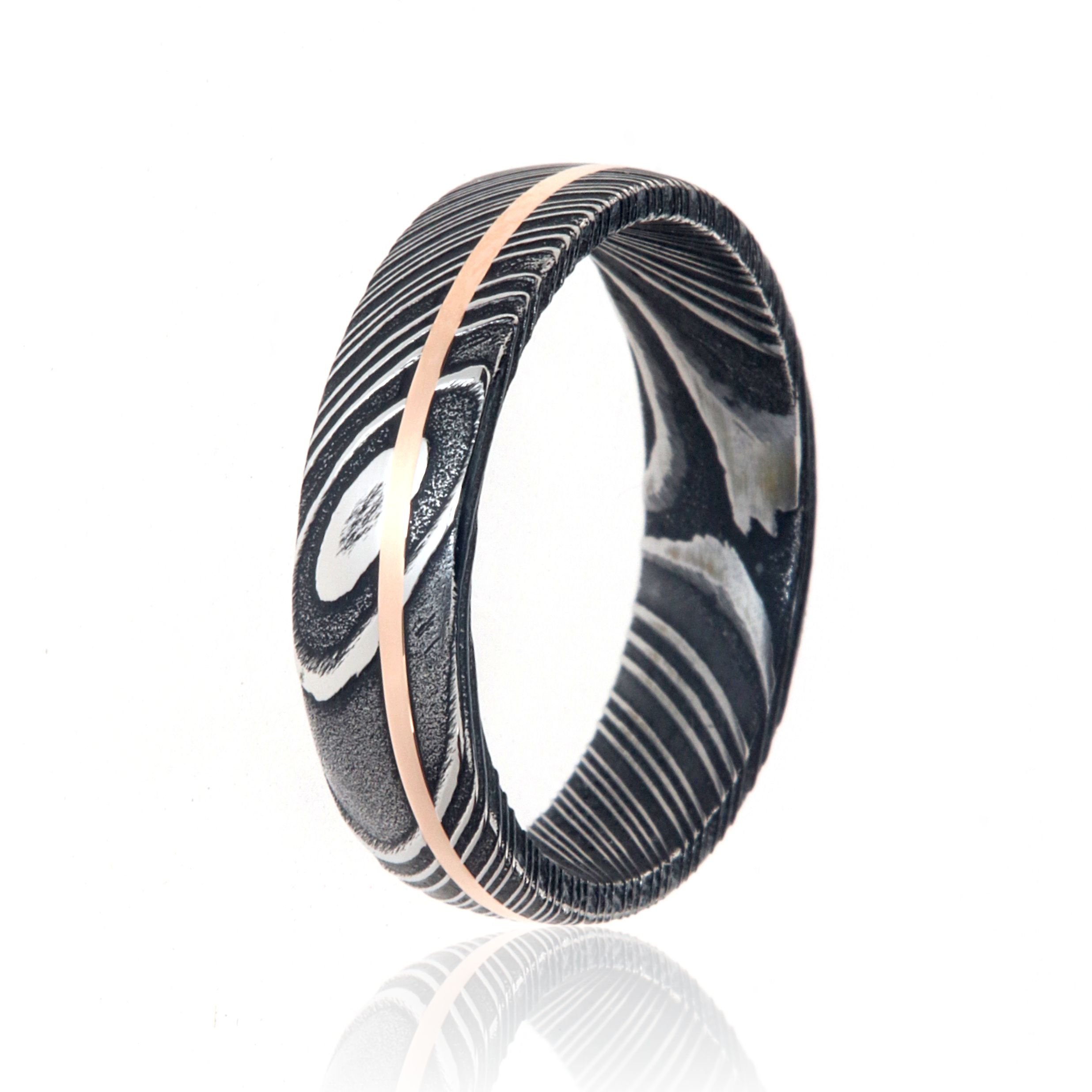 Handmade Damascus Steel Wedding Bands - 14k Rose Gold Inlay Rings for Men & Women | USA Made Durable Wedding Rings | Perfect for Anniversaries, Engagements & Unique Gifts