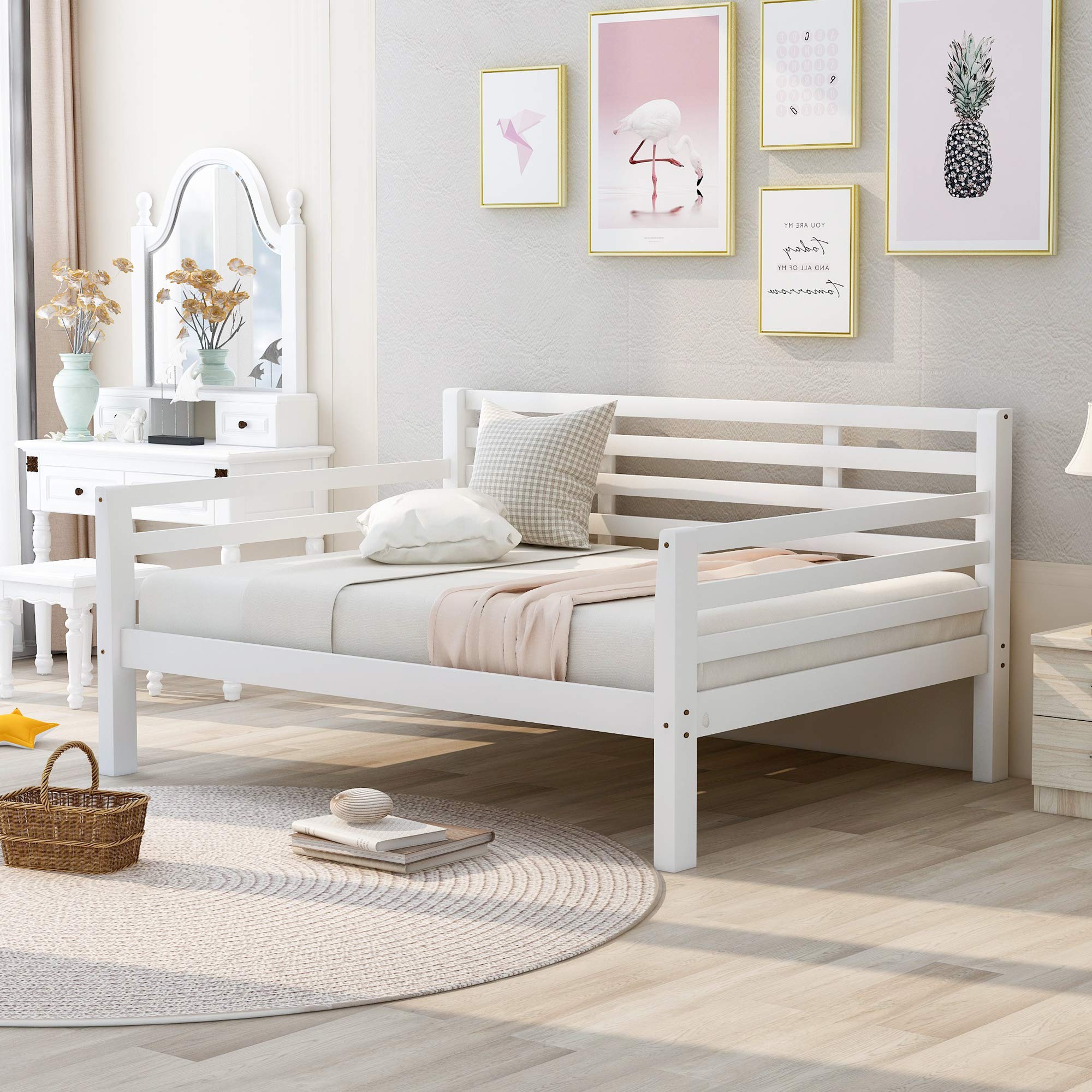 Solid Wood Full Size Daybed with Slats Support - Dual Use Sturdy Bed Frame for Living Room & Guest Room - No Box Spring Needed (White) - Perfect for Small Spaces, Dorm Rooms & Cozy Reading Nooks