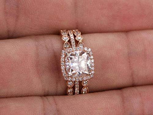 2 Carat Cushion Cut Moissanite & Diamond Engagement Ring Set in 14K Rose Gold - Wedding, Anniversary, Proposal Jewelry Gift for Her