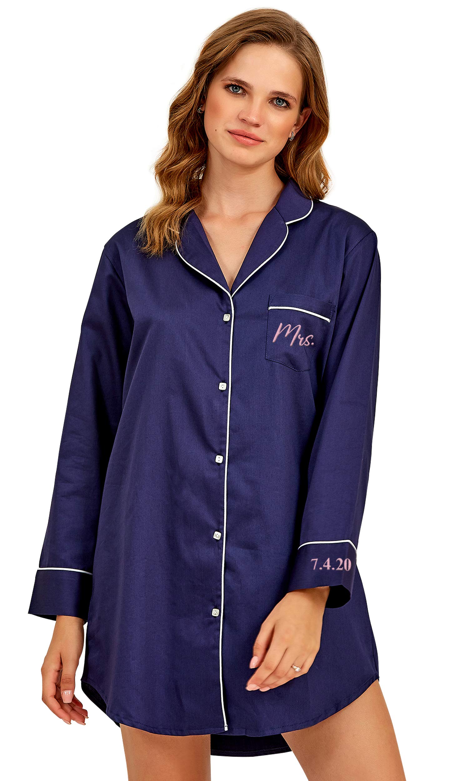 TEEAMORE Custom Women's Nightgown - Personalized Long Sleeve Sleepwear for Wedding & Bridal Shower - Embroidered Button Down Sleep Dress - Perfect for Honeymoon, Anniversary Gifts & Romantic Evenings