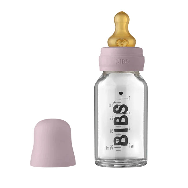 Premium Baby Glass Bottle Set with Latex Bib - 110ml, Dusky Lilac | Safe & Durable Feeding Essentials for Newborns & Infants | Perfect for Home, Travel & Daycare Use
