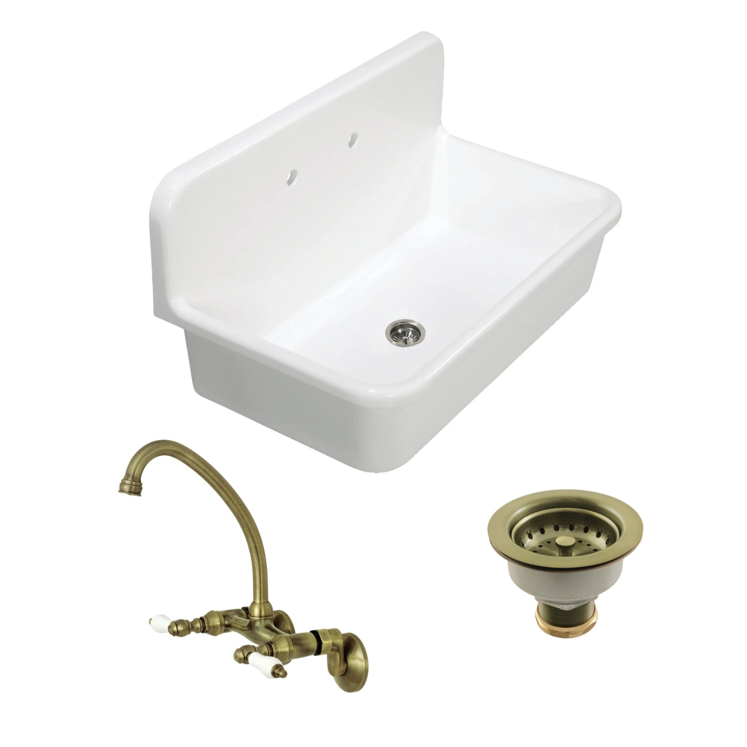 Arcticstone 36 Inch White Ceramic Top Mount Farmhouse Kitchen Sink with Bridge Faucet & Basket Strainer - Antique Brass Finish for Modern & Rustic Kitchens