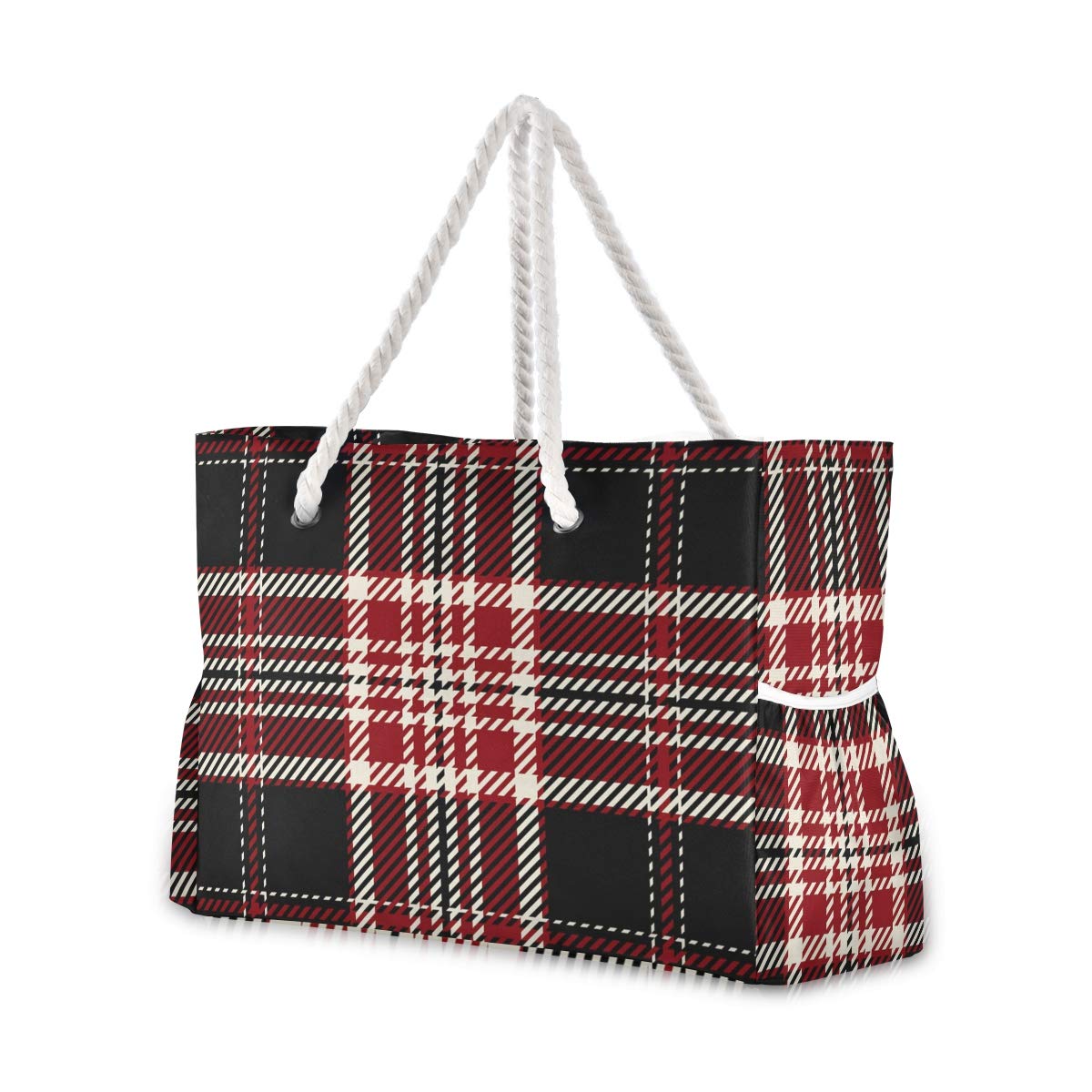ALAZA Beach Bag - Red Black and White Plaid Waterproof Tote for Travel, Camping, Gym & Yoga | Lightweight Carryall for Women, Pool Day Essentials, Picnic & Summer Outings