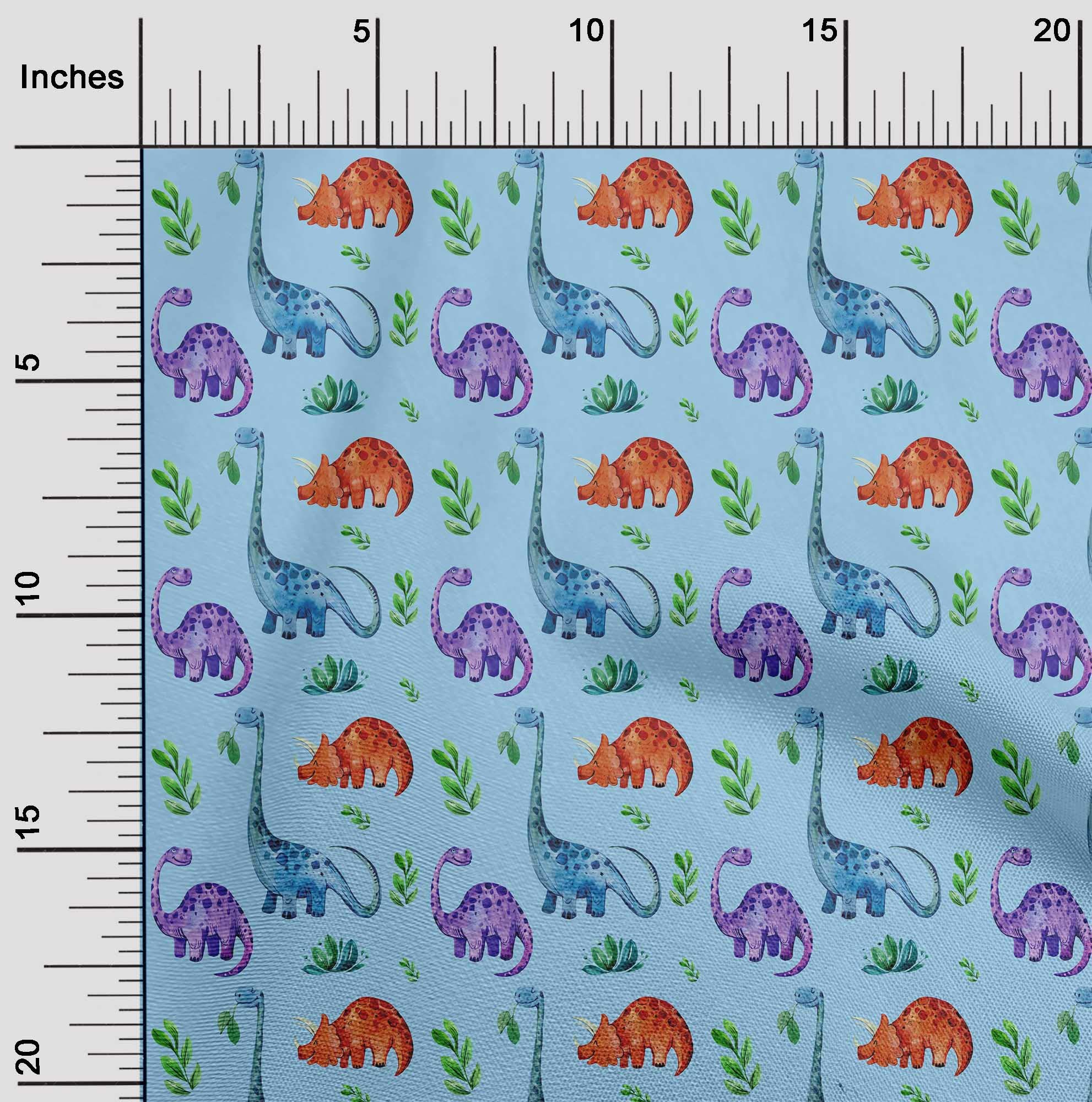 oneOone Polyester Spandex Light Blue Dinosaur & Leaf Print Fabric - 56 Inch Wide Dress Material by The Yard | Perfect for DIY Dresses, Kids Clothing & Home Decor Projects