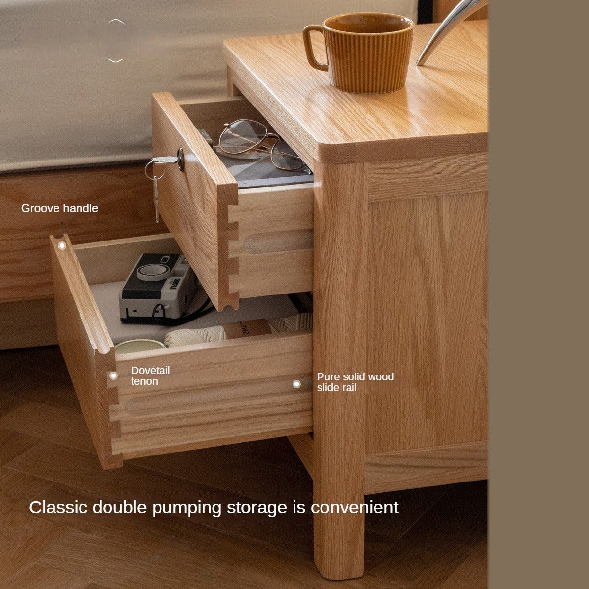 Solid Oak Wood Nightstand with Locking Drawer - Stylish and Durable Bedside Table for Bedroom, Living Room, or Guest Room
