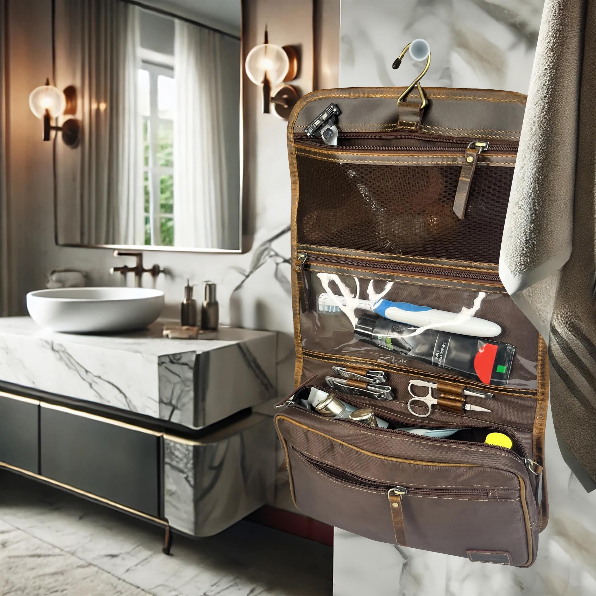 Rustic Town Leather Toiletry Bag for Travel & Shower - Men & Women