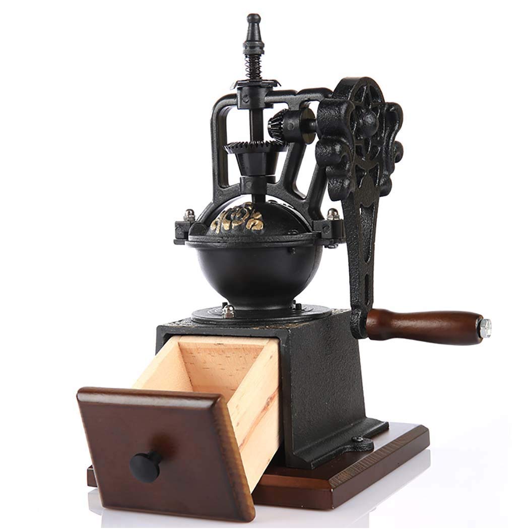 Premium Manual Coffee Grinder with Antique Iron Burr - Adjustable Wooden Hand Crank Mill with Drawer - Retro Style for French Press, Espresso & Pour Over Brewing - Perfect for Home, Office & Camping Use