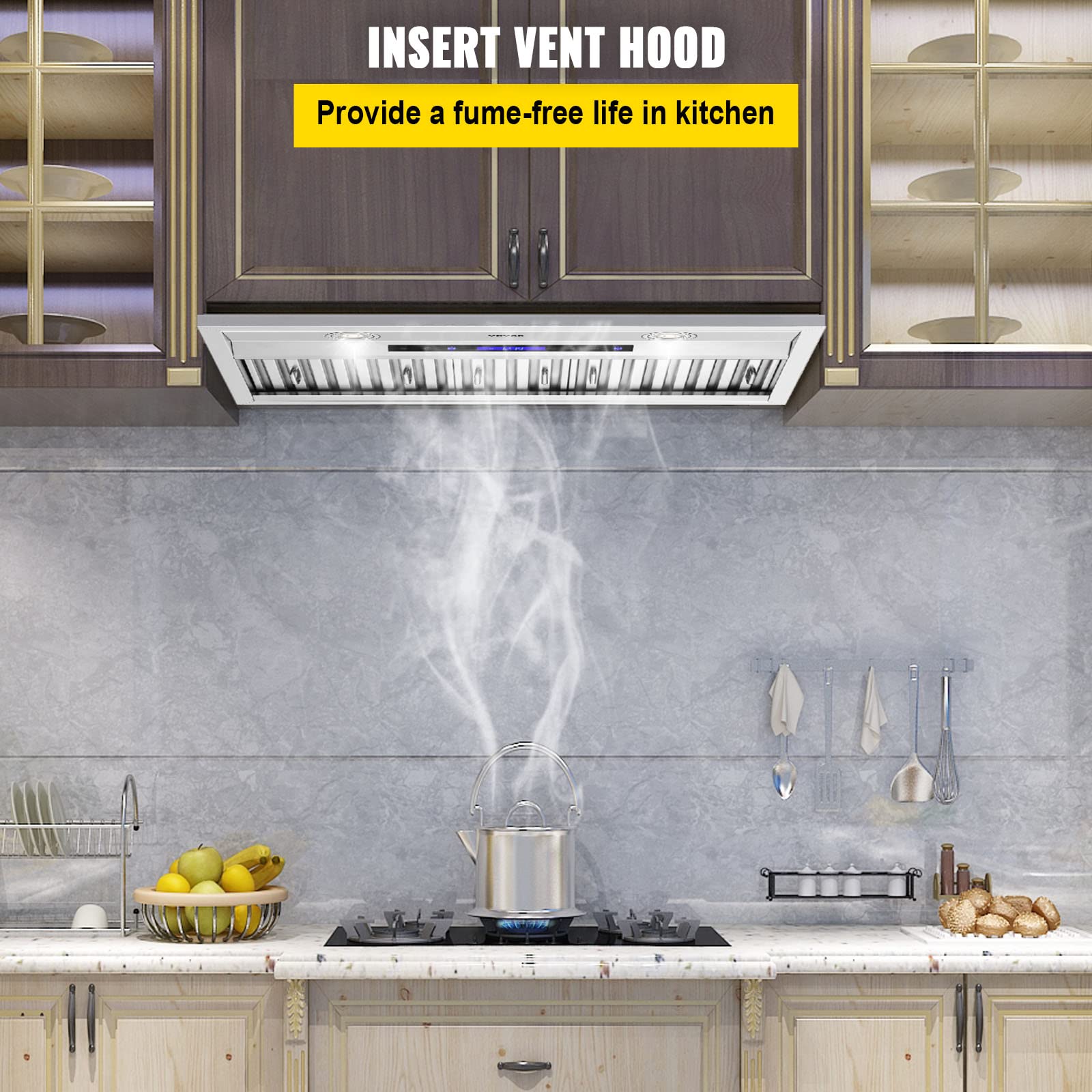 VEVOR 30 Inch 900CFM 4-Speed Stainless Steel Insert Range Hood with Touch & Remote Control, LED Lights & Baffle Filters - Ducted/Ductless Convertible Kitchen Vent Hood for Home Cooking - ETL Certified Commercial-Grade Ventilation System