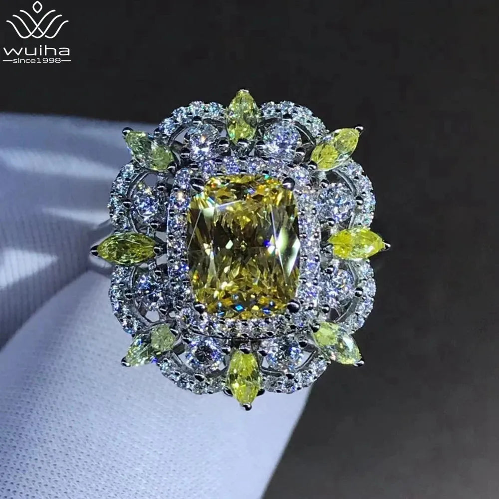WUIHA 100% 925 Sterling Silver 2CT VVS Yellow Moissanite Engagement Ring - 3EX Cut Custom Wedding Jewelry for Proposals & Anniversaries