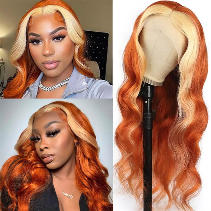 Eullair Blonde Highlights Body Wave Human Hair Lace Front Wig - Natural Ginger Color for Women, Perfect for Cosplay, Parties & Daily Wear