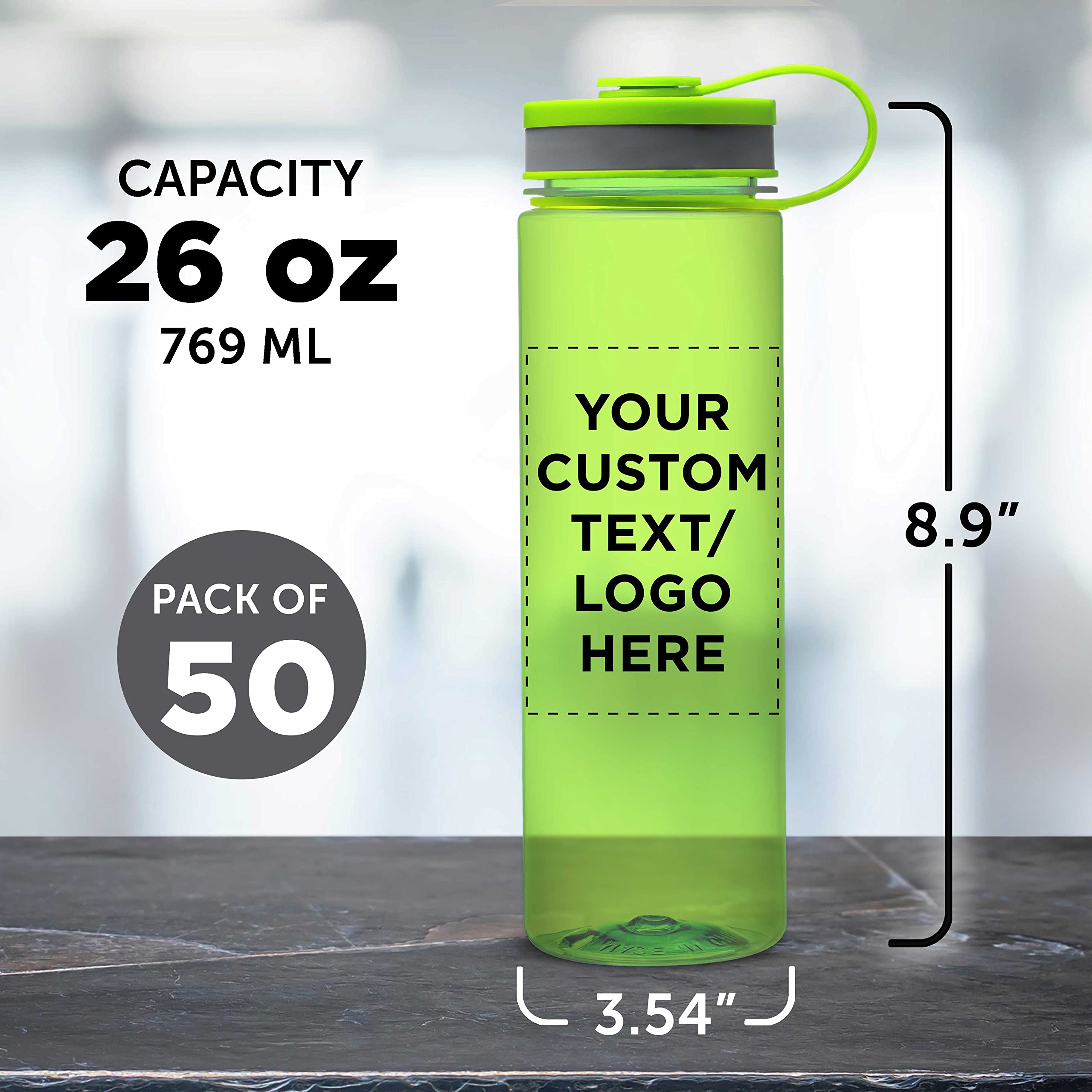 Custom 26 oz Wide Mouth Water Bottles - Bulk Pack of 50, BPA Free, Personalized (Lime Green) - Ideal for Gym, Camping, Backpacking, School & Office Hydration
