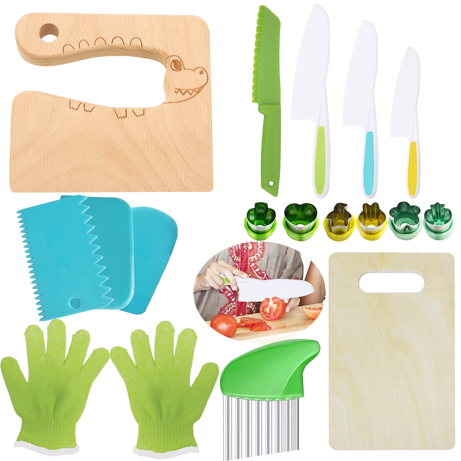 17-Piece Wooden Kids Kitchen Knife Set - Safe Cooking Tools for Children with Potato Slicers, Cake Scraper & Rectangle Cutting Board - Perfect for Baking, Fruit Cutting & Pretend Play